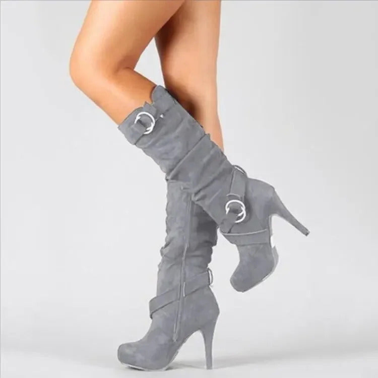 2025 Sexy Knee High Women Boots Thin High Heel Round Toe Platform Fashion Ladies Boots Lady Shoes- Slip-On Platform High Heels, Thin Stable Heels for Stability, PU Synthetic Cover Upper & Non-Slip Rubber Sole - Formal/Casual