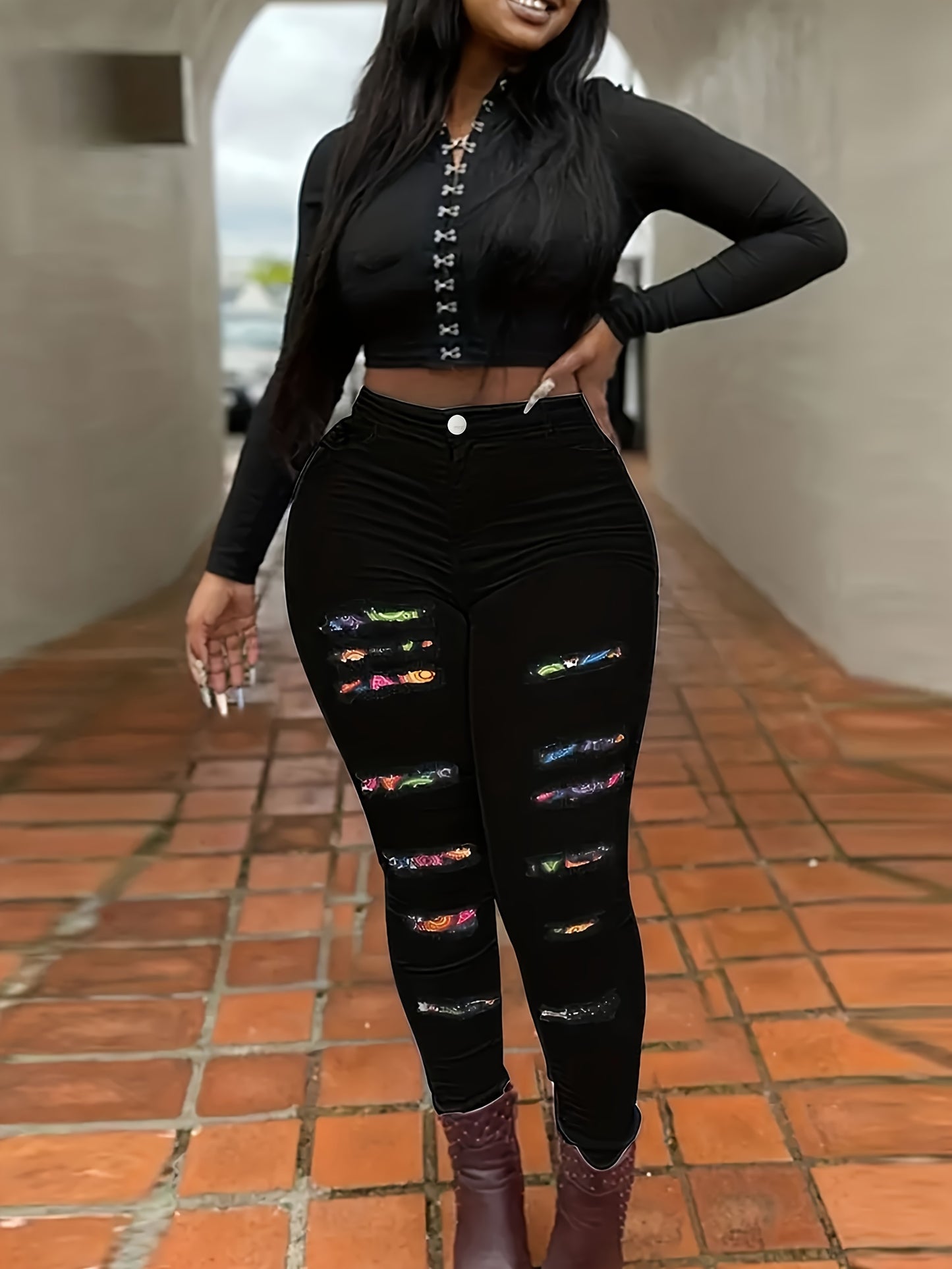 Women's Plus Size Casual Skinny Printed Patchwork Ripped Denim Jeans With Stretch, Full Length Pencil Pants, Fashion Printed Trousers