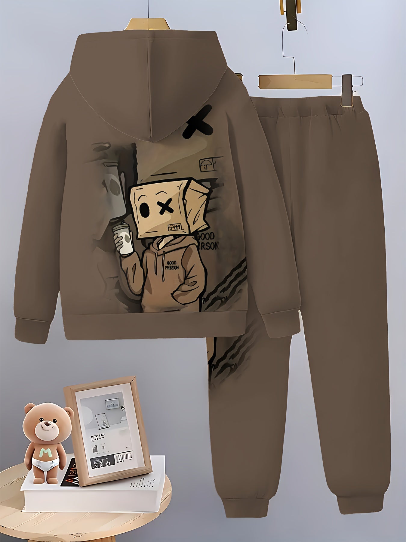 [3D Print Boys' Set] 3D Print Boys' Hoodie & Sweatpants Set - Brown Casual Sportswear with "Good Boy" Graphic, Long Sleeve Pullover & Joggers, Regular Fit, Fall/Winter Outdoor Outfit