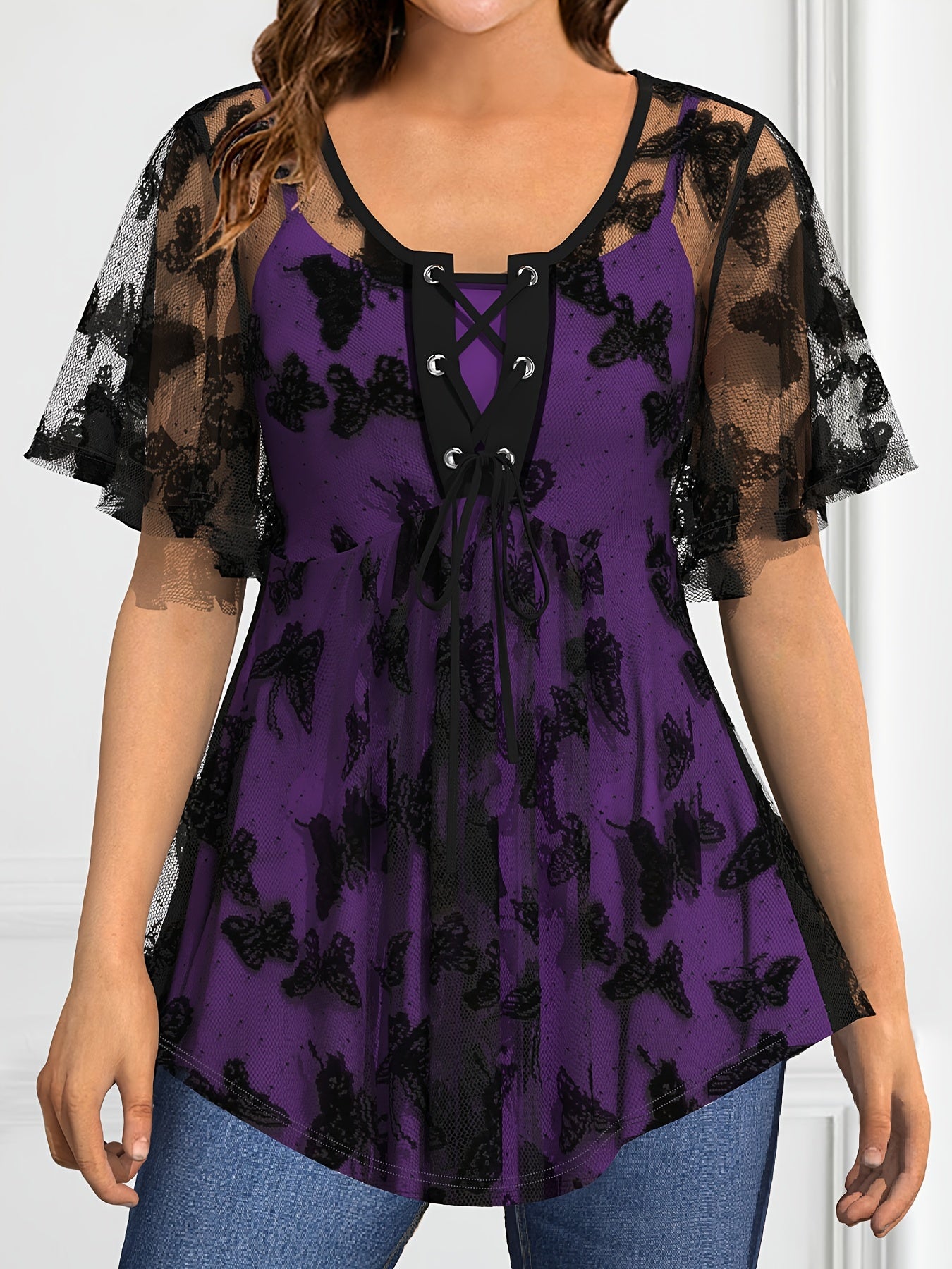 Plus Size Elegant Lace Up Butterfly Pattern Short Sleeve Top, Women's Clothing