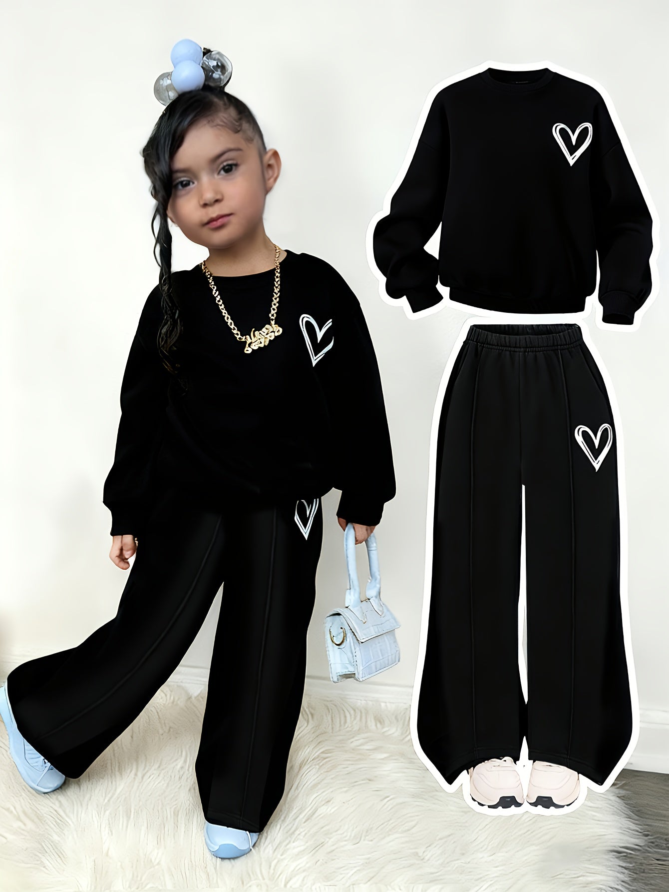 Girl'S Autumn and Winter Love Print Fleece Hoodie + Print Pants Two-Piece Set | Suitable for Outdoor Wear, Comfortable Fabric with Fleece Insulation, Casual Style, Regular Fit, Ideal Gift for Children.