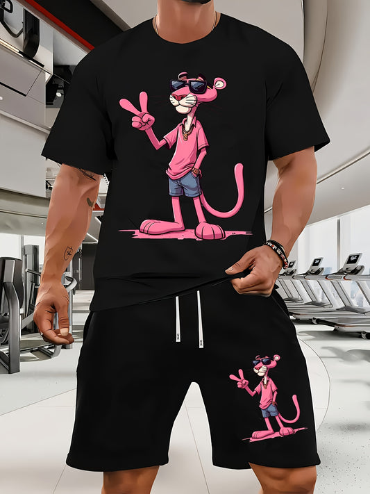 A Casual Sports Set Consisting of a Short-Sleeve T-Shirt Featuring a Stylish Pink Panther Cartoon Print And Fitted Shorts, Perfect for Spring And Summer Outfits.