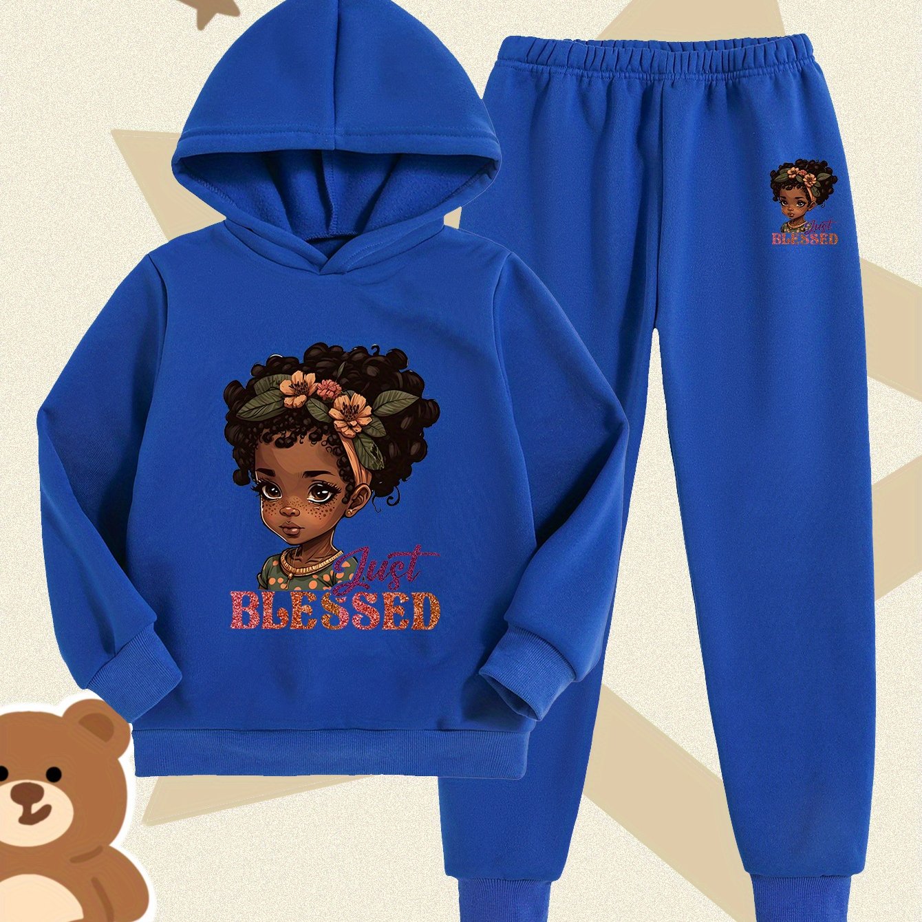 Girls' Fashion Hooded Sweatshirt and Pants Set, Creative Design with Cute Cartoon Prints, Comfortable Soft Polyester for Autumn/Winter Warmth, Perfect for Outdoor