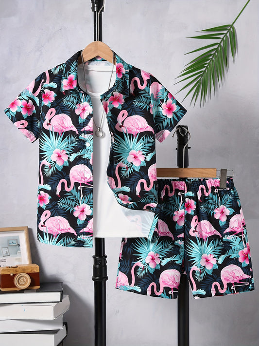 2pcs (Set) Boys Flamingo Print Short-Sleeved Lapel Shirt And Shorts Set, Comfortable Summer Boys Daily And Outdoor Wear, for Outdoor, Perfect for Outdoor