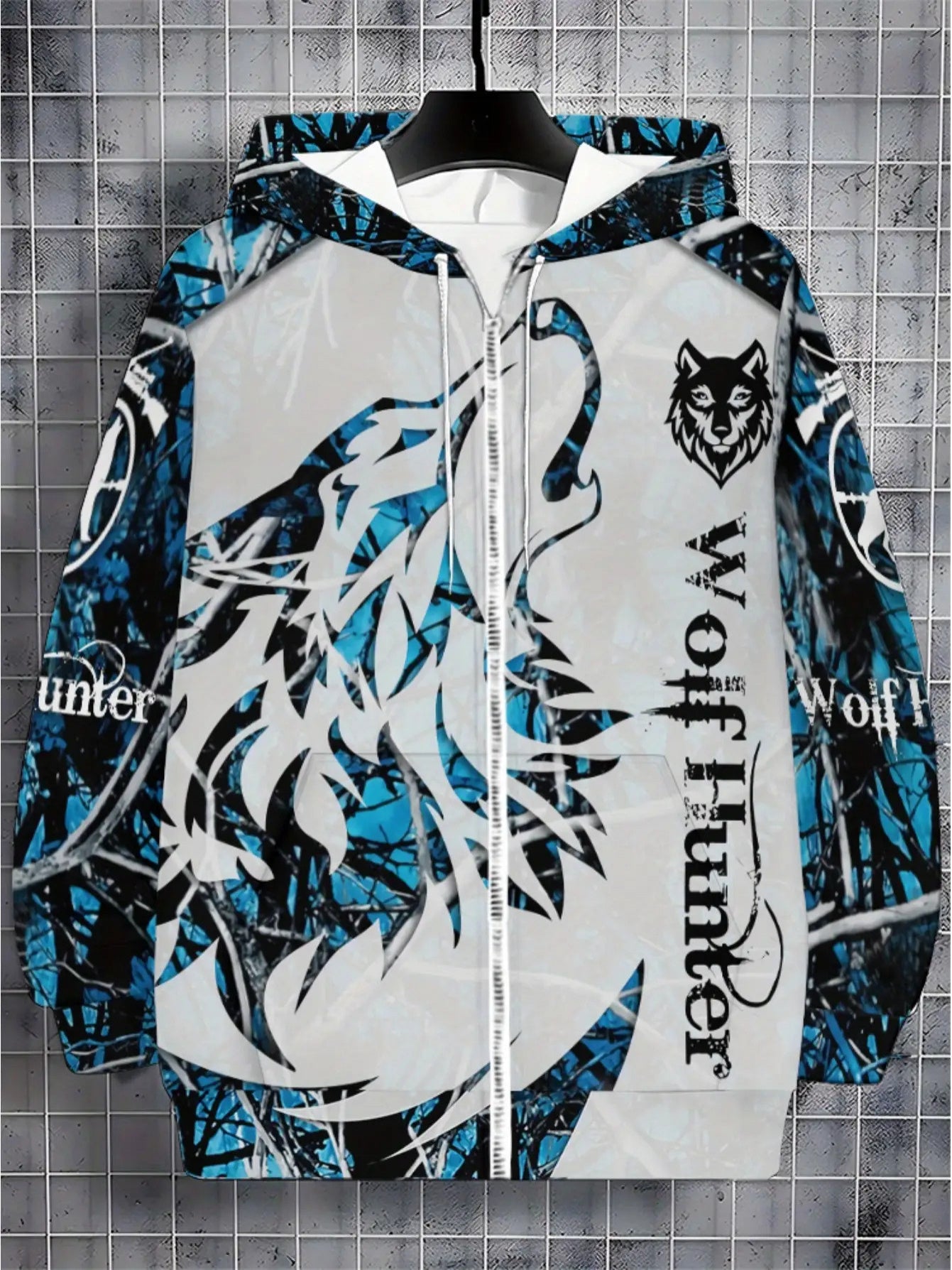Men's Wolf Print Full-Zip Hoodie Jacket - Turquoise Blue/Black/White Winter Warm Coat with Wolf Logo, Loose Fit Casual Outdoor Sportswear, Machine Washable Full-Zipper Hooded Sweatshirt for Autumn & Cold Weather, PLUS SIZE