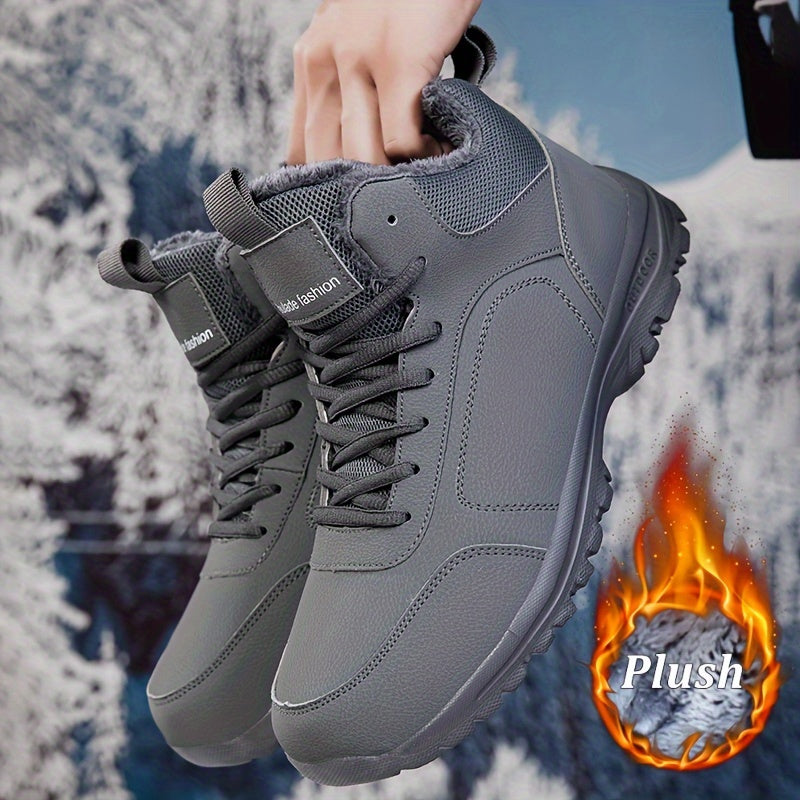 Men's Winter High-Top Sneakers - Warm & Lightweight Thermal Shoes with Fuzzy Collar, Non-Slip MD Sole & PU Upper, Lace-Up Ankle for Outdoor, Travel, Walking - Black - Ideal for Cold Weather & Snow - Casual Winter Boots for Me