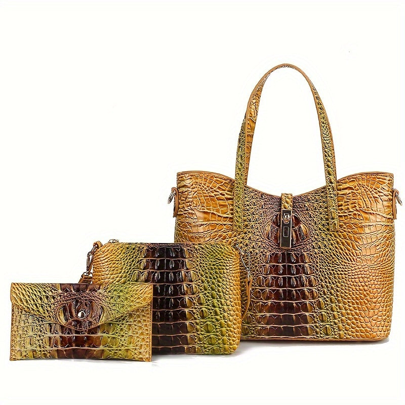 3pcs Set: Colorful Crocodile Pattern Large Capacity Faux Leather Tote & Crossbody Bags With Matching Wallet Combo, Christmas, Mother'S Day Gifts, Halloween Gifts