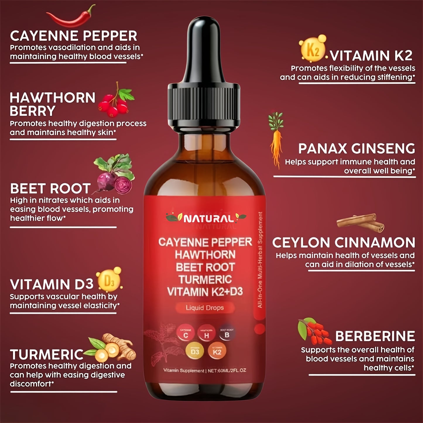 Vitamin K2 D3 Cayenne Pepper Liquid Drops, Beet Root, Turmeric, Ginseng, Ceylon Cinnamon, Daily Wellness Supplement, Allergy Friendly, 2.03oz,Mother's Day gift to mother