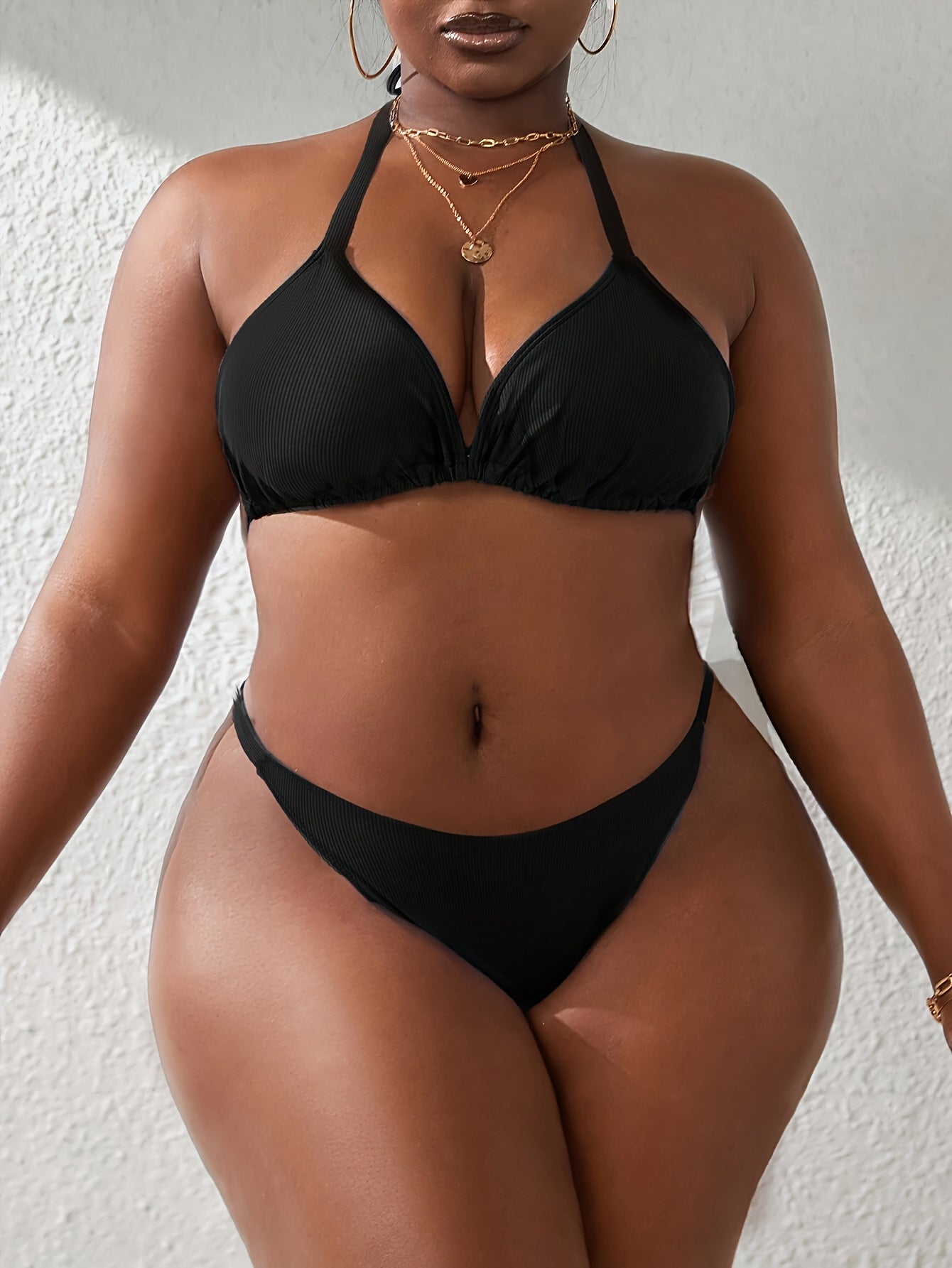 Women'S Vacation Style Solid Color Halter Drawstring Smock Plus Skirt Casual Plus Size Bikini Suit 4pcs Set