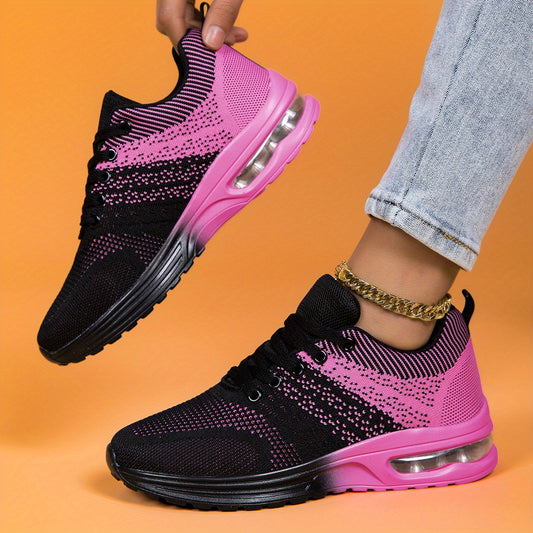 Women's Breathable Mesh Athletic Sneakers - Black & Pink Gradient Design, Air-Cushioned Comfort Sole, All-Season Stability Support, Soft PU Outsole, Fabric Lining, Round Toe Style, Allseason Sneakers | Vibrant Gradient Design