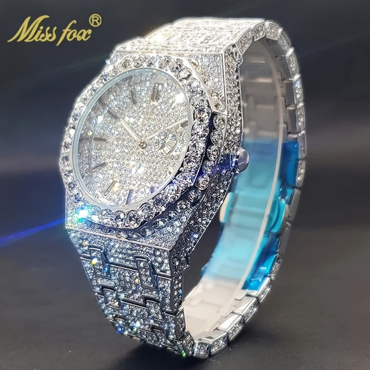 Hip Hop Ice Rhinestone Watch Men'S Fashion Date Quartz Large Dial Night Light Watch Luxury Stainless Steel Party Jewelry Men'S Watch