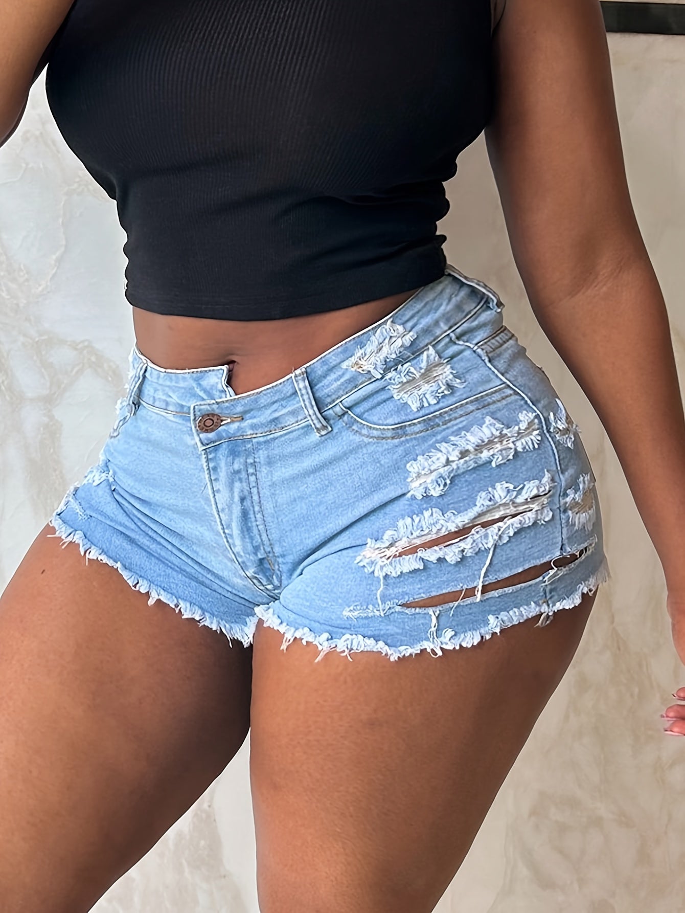 Women's Stretchy Distressed denim-like Jeans Shorts - Skinny fit Mid-Rise with Raw Hem Tears & Frayed Edges, Non-See-Through Viscose Blend for Casual Outfits, Beach Parties, Everyday Summer Wear - Machine Washable, Denim Shor
