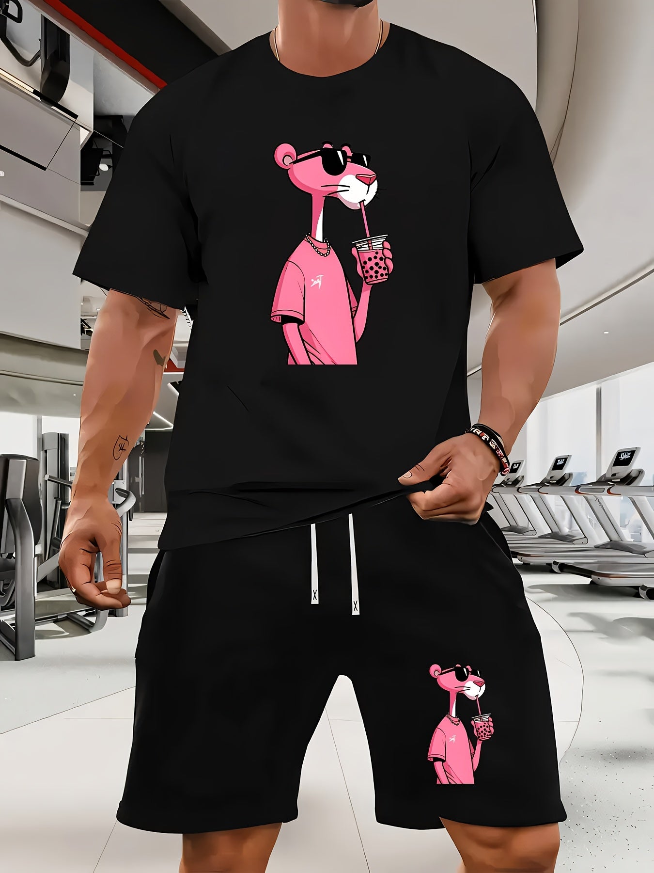 Men'S Short-Sleeved T-Shirt And Waist-Tightening Shorts Set with Trendy Pink Leopard Image Print, Casual Sports Regular Top And Pants Suit, Suitable for Spring And Summer Matching