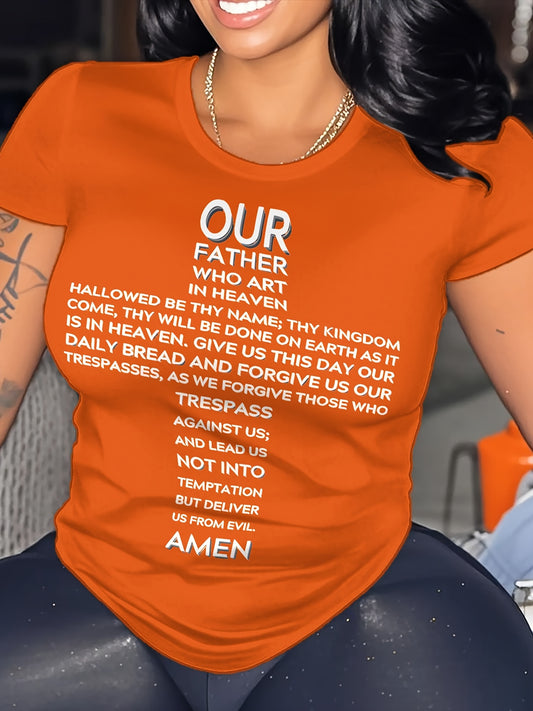 Women's Plus Size Loose Fit T-Shirt - Lord's Prayer Cross Print Religious Inspirational Top, Soft Stretch Comfort, Bright Pink with White Text, Machine Washable Round Neck Casual Shirt for Spring Summer Fall, Ladies T Shirts,