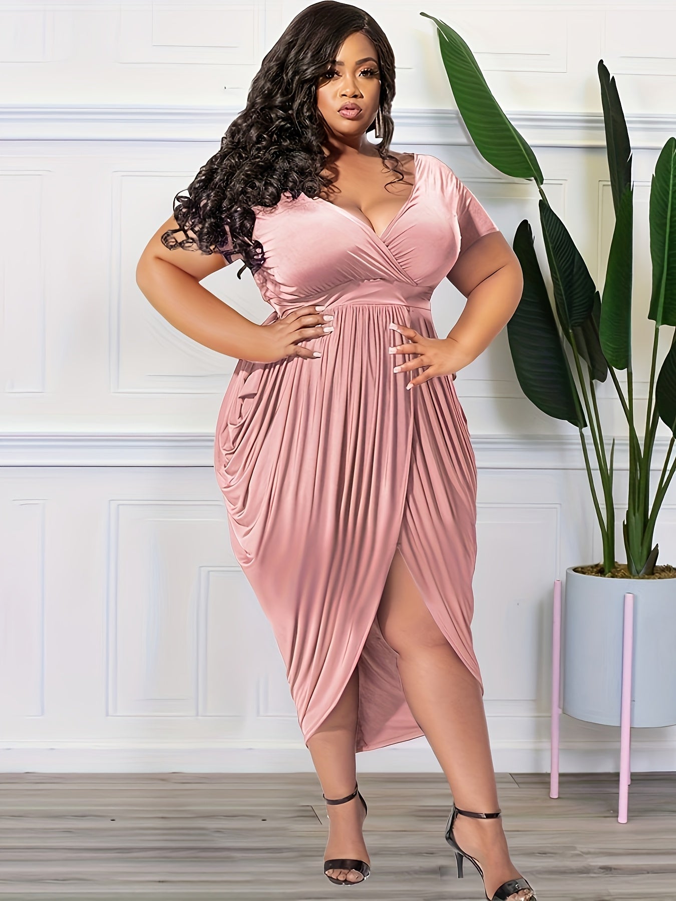 [Sensual Bodycon Dress] Sensual Plus Size Bodycon Midi Dress | Stretchy Polyester-Spandex Blend, Machine Washable, Deep V-Neck with High-Low Hem, Perfect for Parties & Night Out, Evening Event Attire
