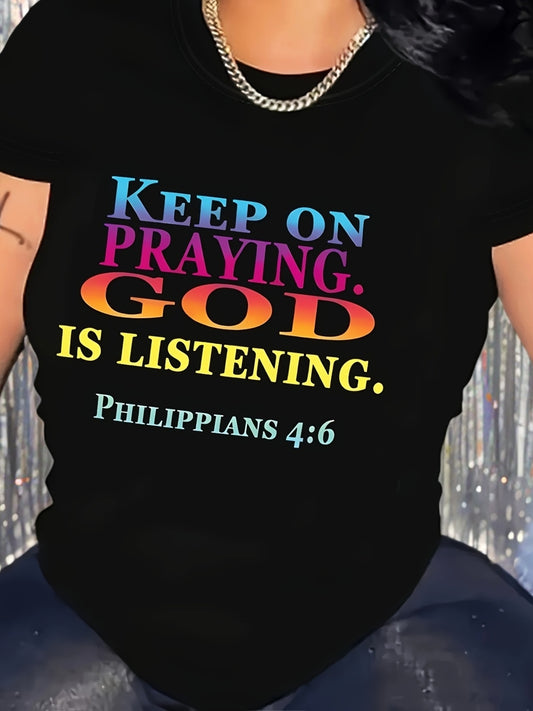 Women'S Polyester Crew Neck T-Shirt with "Keep on Praying, God is Listening" Print - Casual Christian Knit Tee with Alphabet Pattern - All Season Comfort