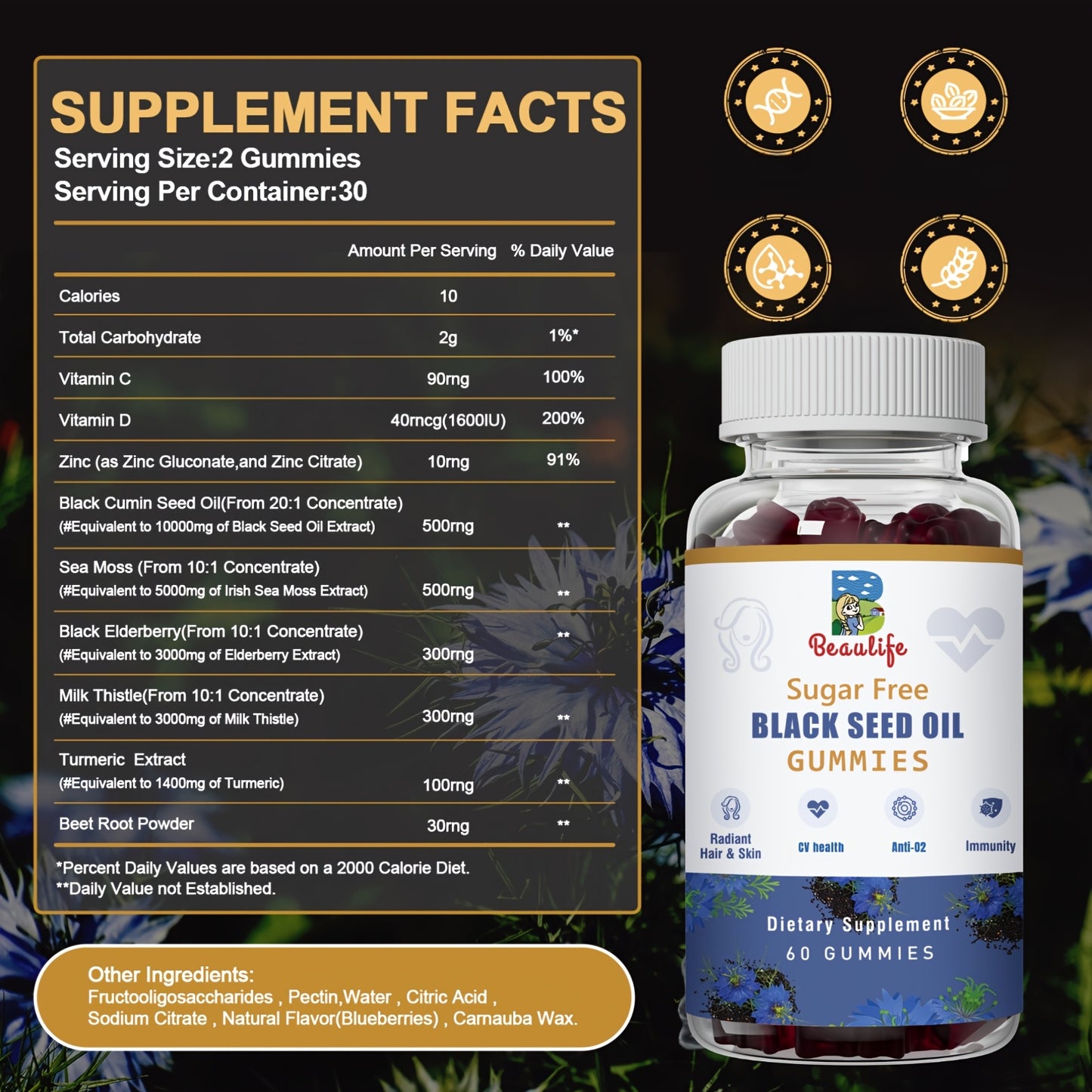 [Black Seed Oil Gummies Plus] Multi-Nutrient Black Seed Oil Gummies - With Sea Moss, Ashwagandha Extract, Elderberry, Turmeric, Vitamin C, Vitamin D, Zinc, Beet Root Powder