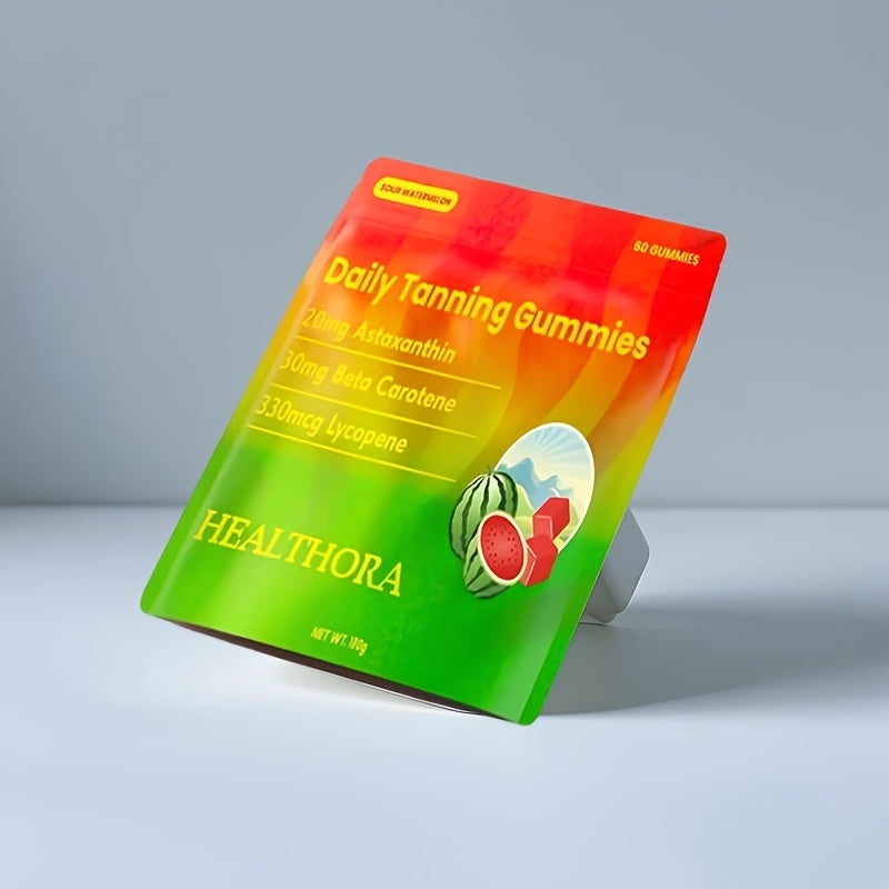 60 Daily Tanning Gummies with Astaxanthin, Tomato Lycopene & Beta-Carotene - 30-Day Supply, Hypoallergenic, 30mg Astaxanthin, 50mg Niacinamide, 125mg Cholecalciferol, 8000mg Beta Carotene, Summer Glow Supplement, Fruit Antiox