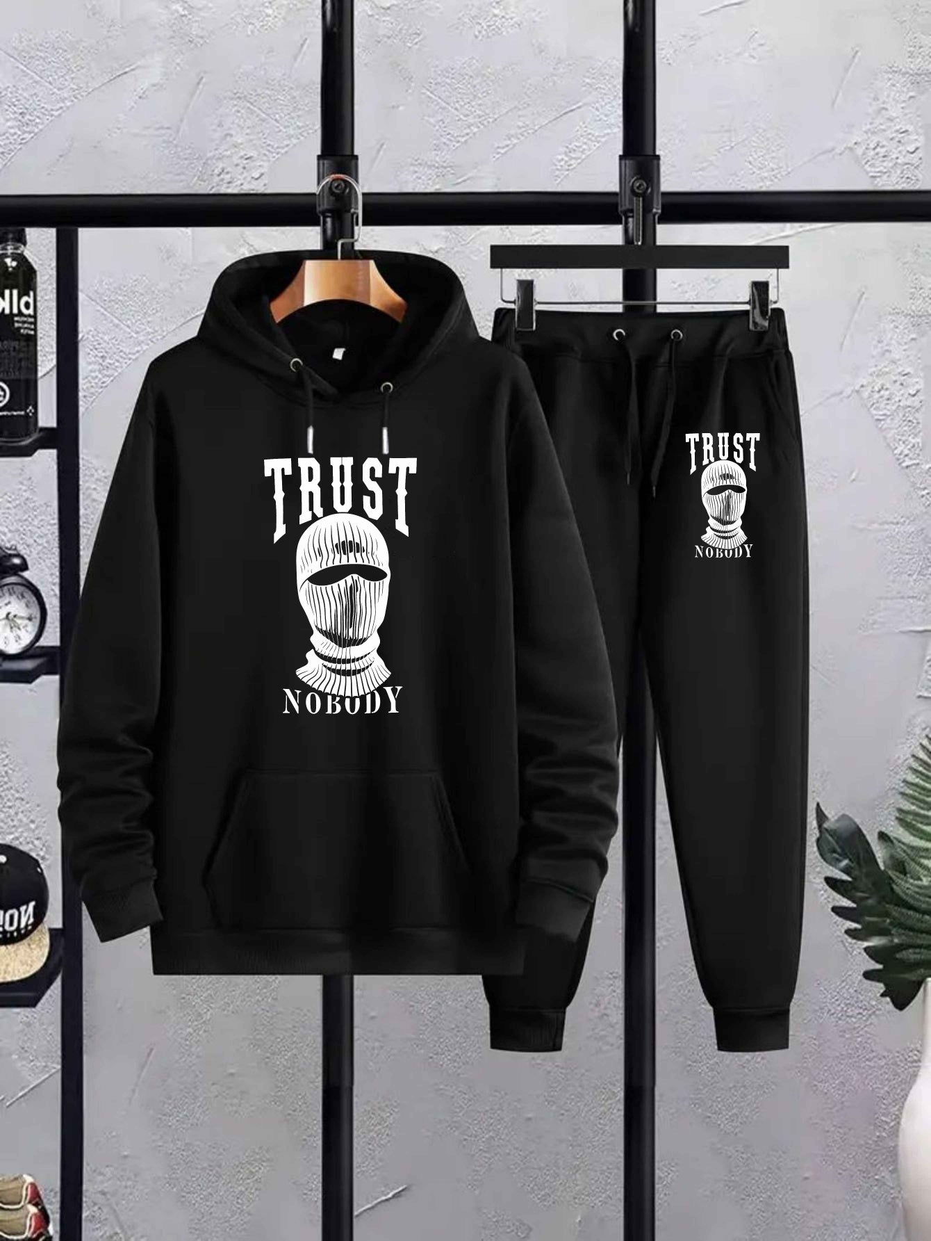 Trust Nobody Men's Large Size Autumn and Winter Hooded Sweatshirt Set New Men's Trendy Printed Drawstring Hoodie Casual Sports Top Set, PLUS SIZE