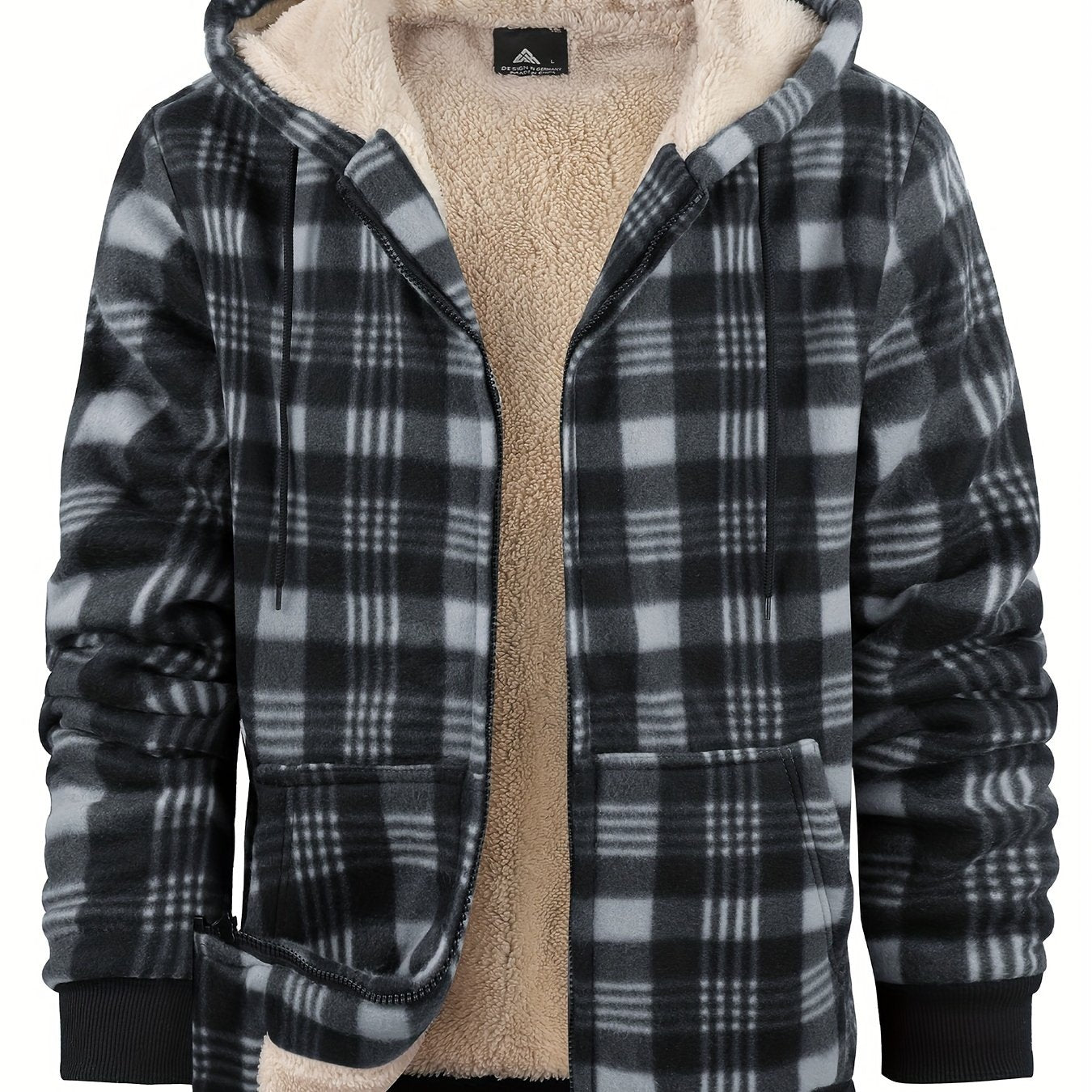 Men's Heavyweight Fleece Hooded Jacket - Full-Zip Sherpa Lining, Thick Winter Coat with Plaid Pattern (Blue/Black/Beige/Brown), Zippered Pockets, Hand Washable, Casual Outerwear for Cold Weather & Everyday Use - Ideal for Ski