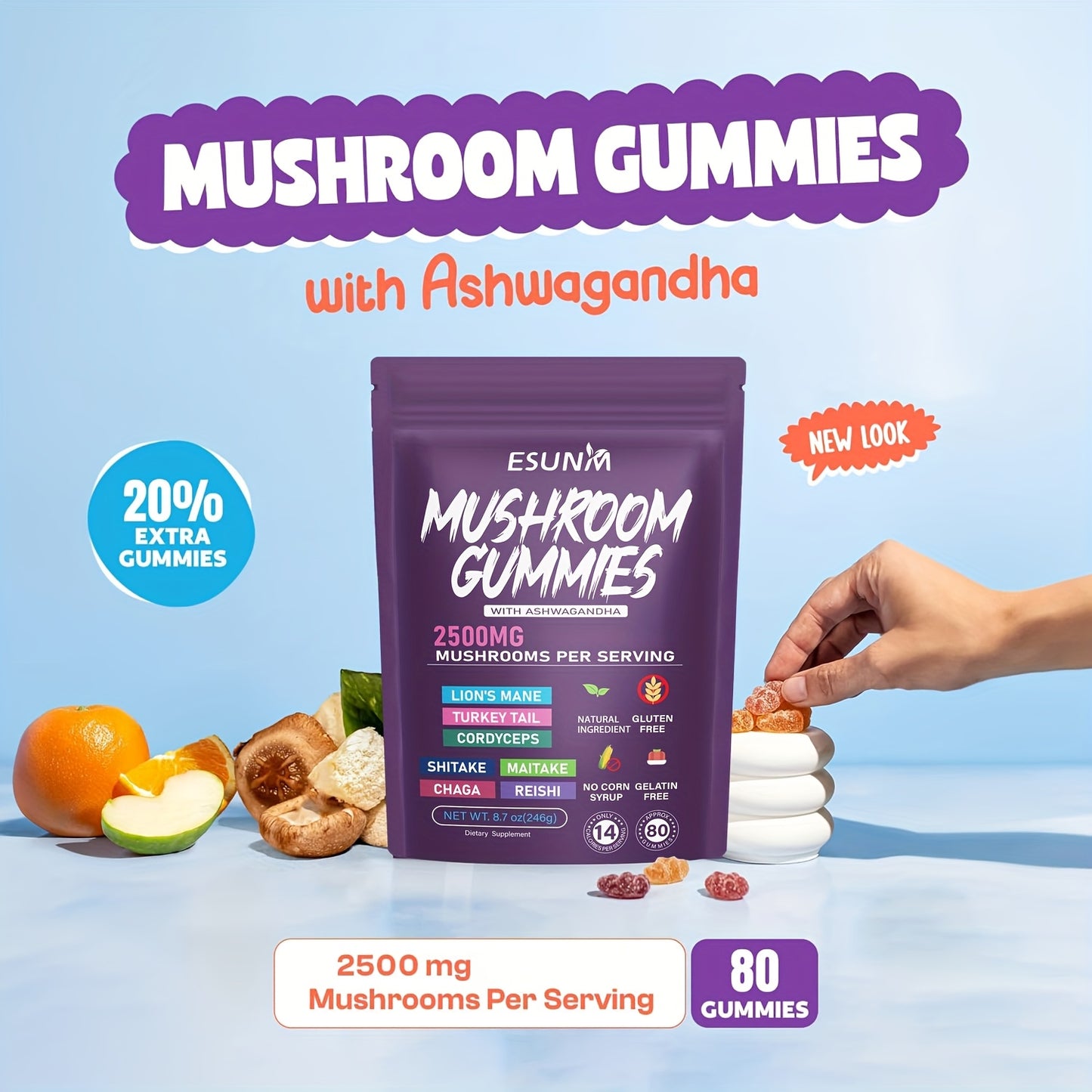 1/2/3/4 Bags of Lion's Mane Mushroom Gummies, Ashwagandha Gummies - Contains Ganoderma, Cordyceps, Turkey Tail, Dancer's Mushroom, Shiitake and Bupleurum, Low Carb, 80 Gummies per Bag, ESUNM