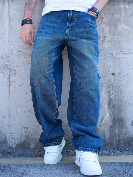 Retro Deep Blue Washed Loose Straight Leg Jeans For Men'S Street Fashion, Simple And Casual Long Pants