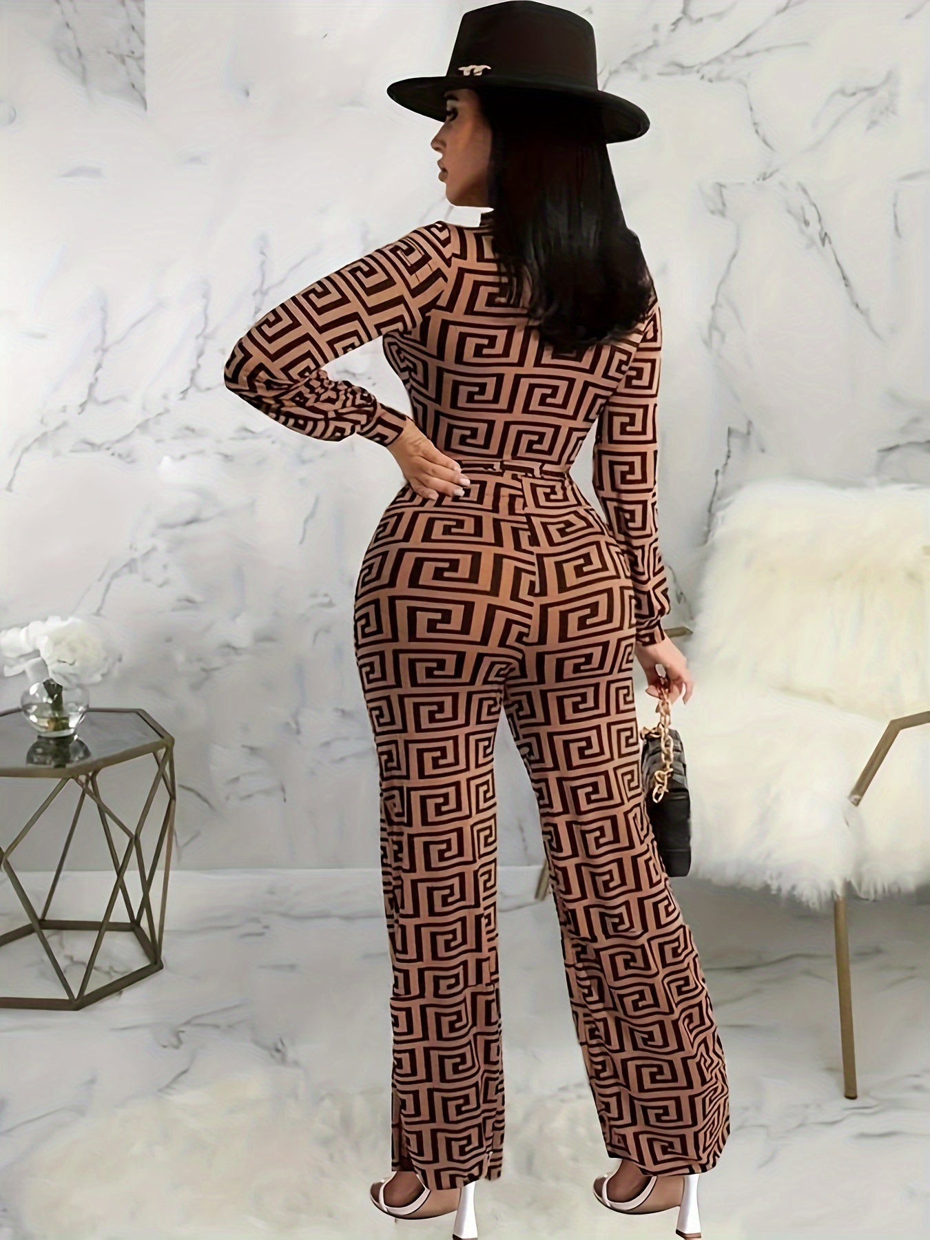 1pc Elegant Geometric-Patterned Polyester Jumpsuit for Women, Long Sleeve Stand Collar Knit Fabric One-Piece with Belt and Zipper Detail, Versatile for All Seasons