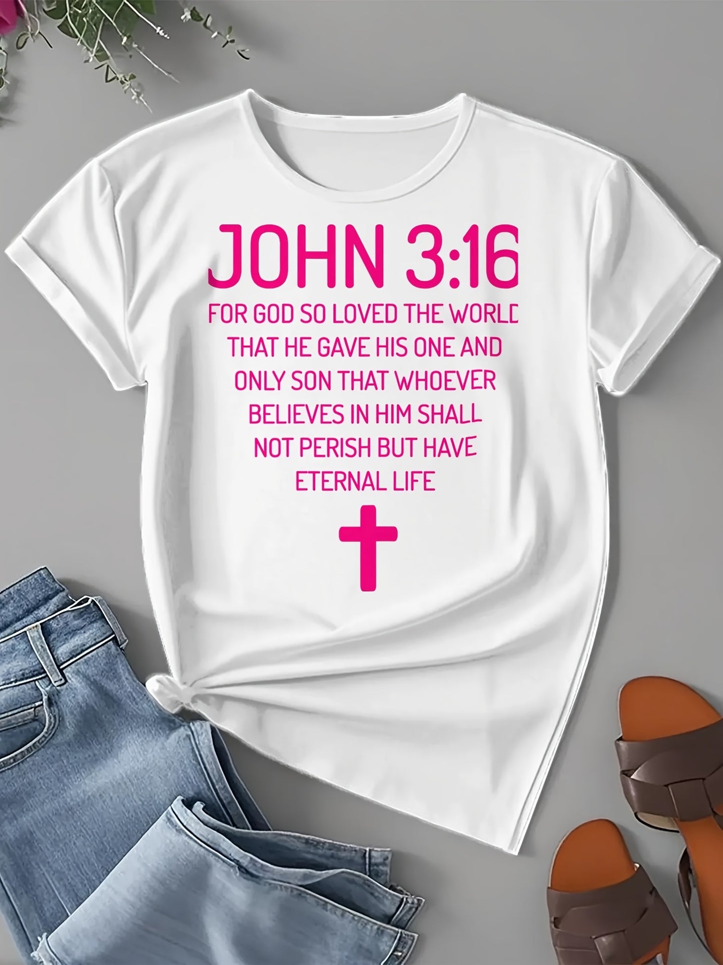 Plus Size - Plus Size Women'S "John 3 16 Bible Verse Scripture Christians" Print Summer T-Shirt | Soft Breathable Fabric | Casual Short Sleeve Round Neck Tee | Summer Vacation Clothing | Size 0XL-5XL - Coral - Black - Rose Re