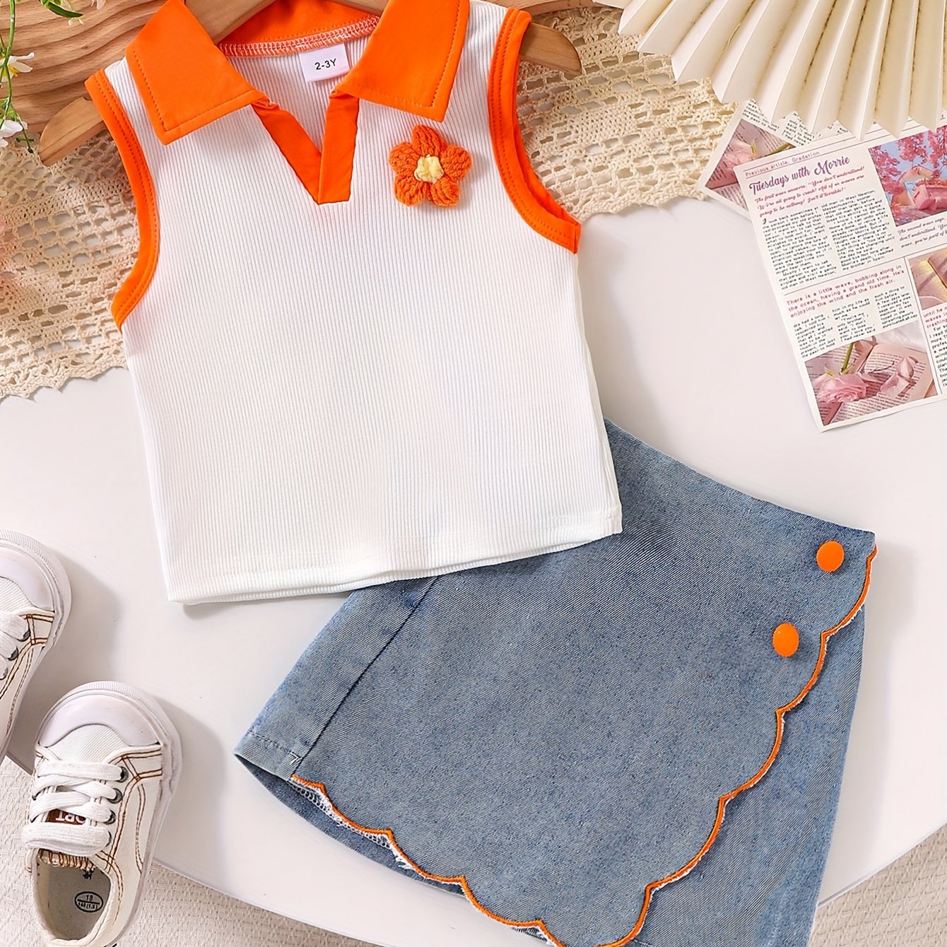 Summer Outfit for Girls Featuring a Floral Collar Top And Denim Shorts, for Outdoor