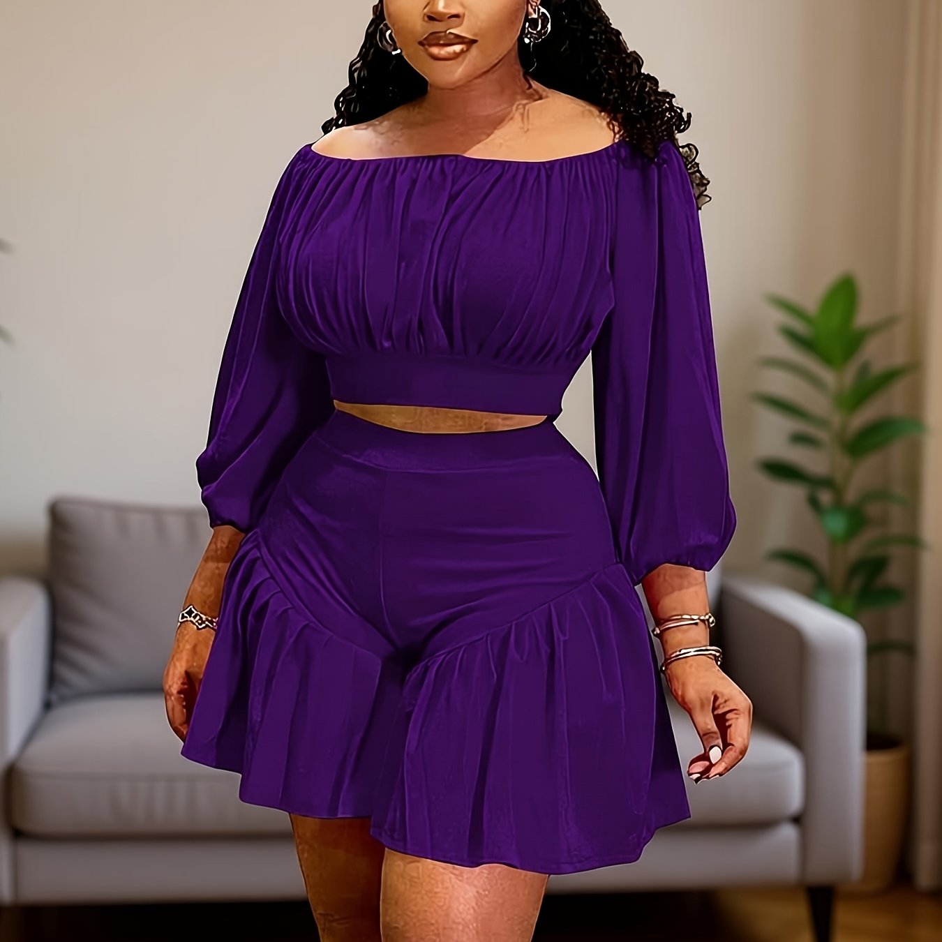 Plus Size - Plus Size - New Fluffy Waist-Cinching Casual Two-Piece Set with Pleated One Neck Design