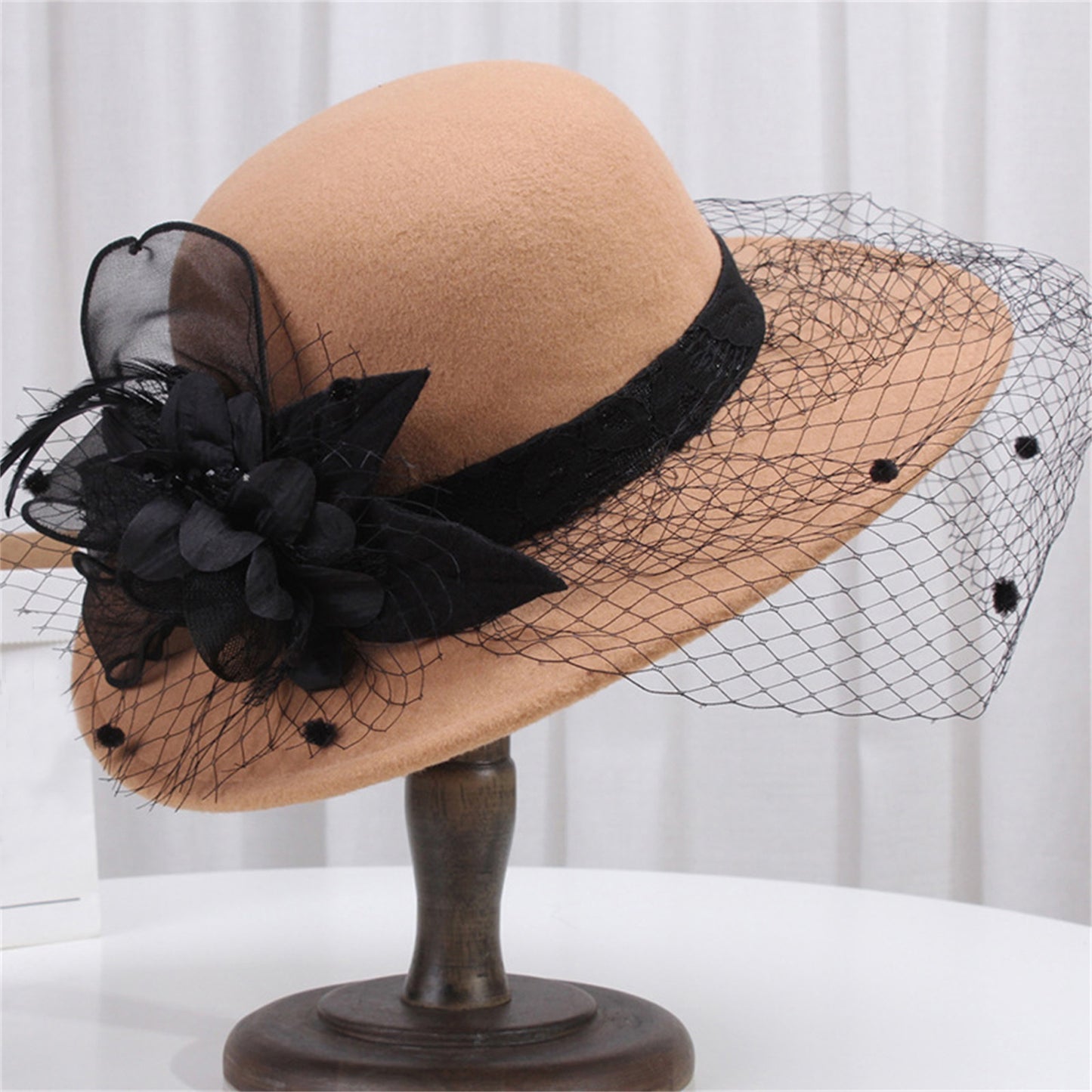 Women's Wide Brim Fedora Hat with Black Lace Veil & Floral Decor - Non- Derby Cap for Church, Bridal Tea Party, Formal Events