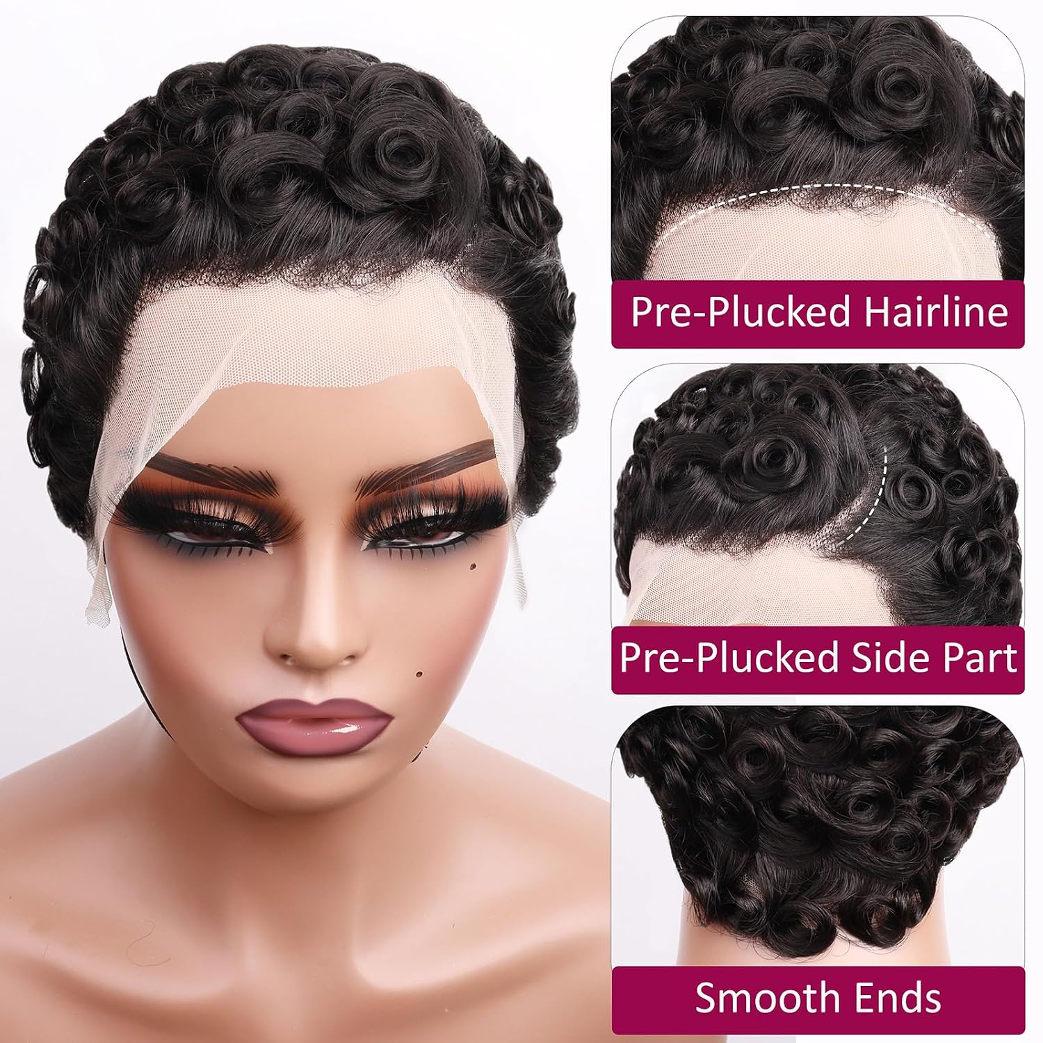 Curly Pixie Cut 13x4 Lace Front Human Hair Wigs for Black Women, Deep Wave Short Curly 13x4 HD Lace Frontal Wigs Layered No Glue Daily Wear Wig Pixie Cut 100% Human Hair Glueless Wigs, Natural Black