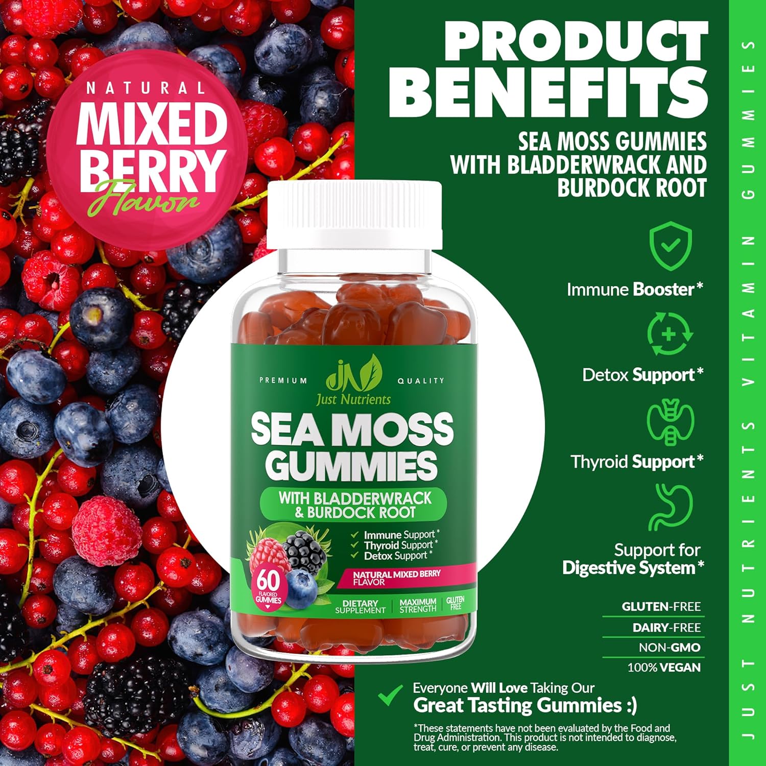 Sea Moss Gummies with Bladderwrack and Burdock Root - Natural Irish Sea Moss Superfood for Immune, Thyroid and Detox Support - Extra Strength for Men & Women - Gluten-Free, Vegan - 60 Gummies