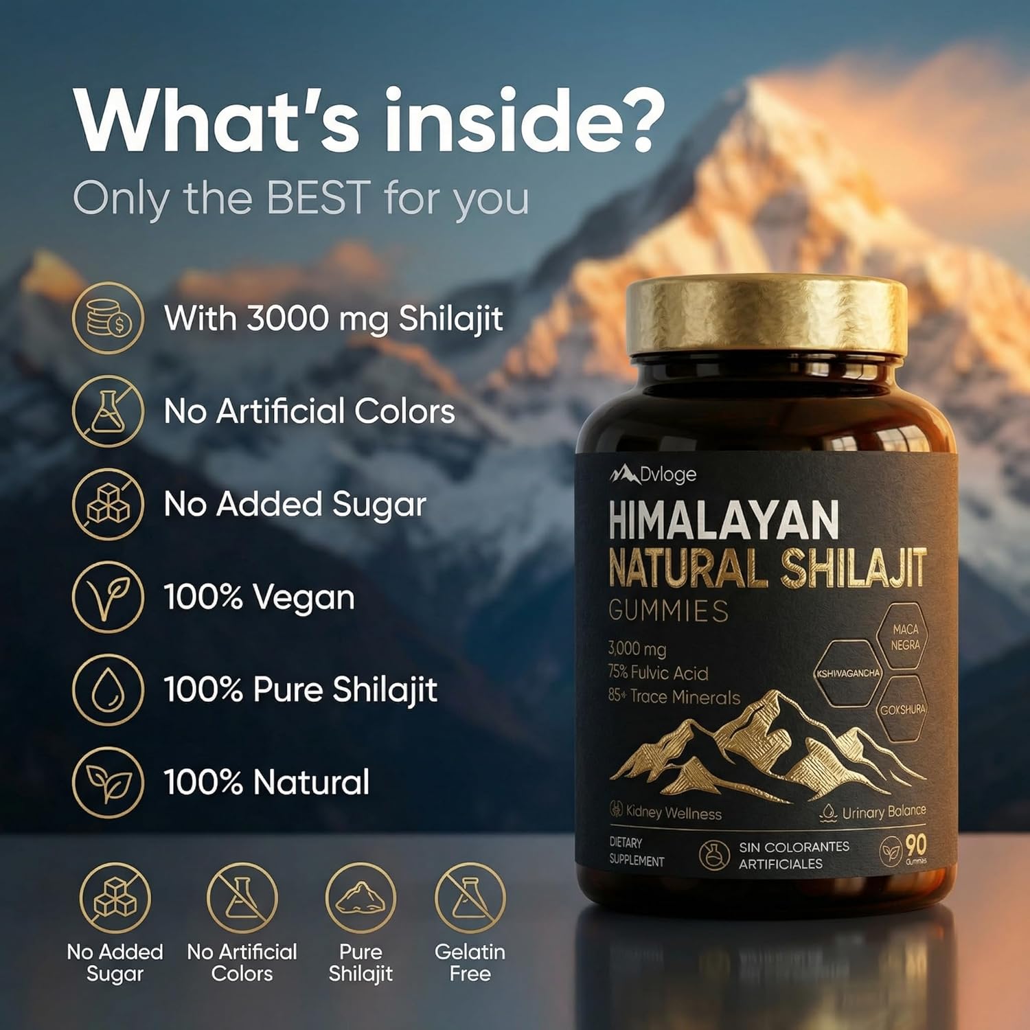 Himalayan Natural Shilajit Gummies, 3000mg for Kidney Support, 75% Fulvic Acid & 85+ Trace Minerals - Ashwagandha, Maca, Gokshura - Natural Energy & Vitality Supplement, 90 Count