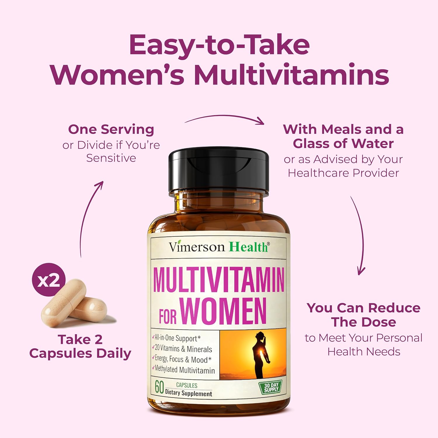 Methylated Multivitamin for Women w/Bioavailable Vitamins, Chelated Minerals, Vitamin D, B12, C, A & Zinc for Energy, Focus and Immune Health – Premium Womens Multivitamins & Multiminerals – 60 Caps
