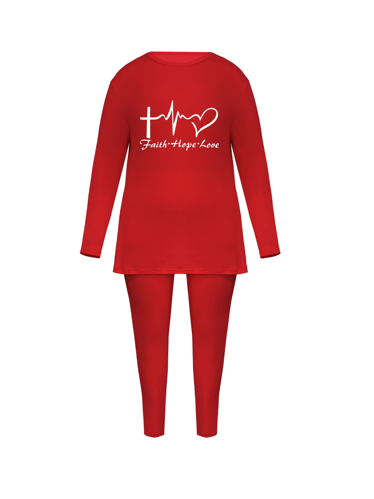 Plus Size - Plus Size - Women'S Plus Size Casual Crew Neck Long Sleeve Top & Pants Set - "Faith, Hope, Love" Letter Print with Pockets, Stretchy Polyester Blend, Black, Everyday Comfort Wear, Everyday Comfort Wear | Relaxed F