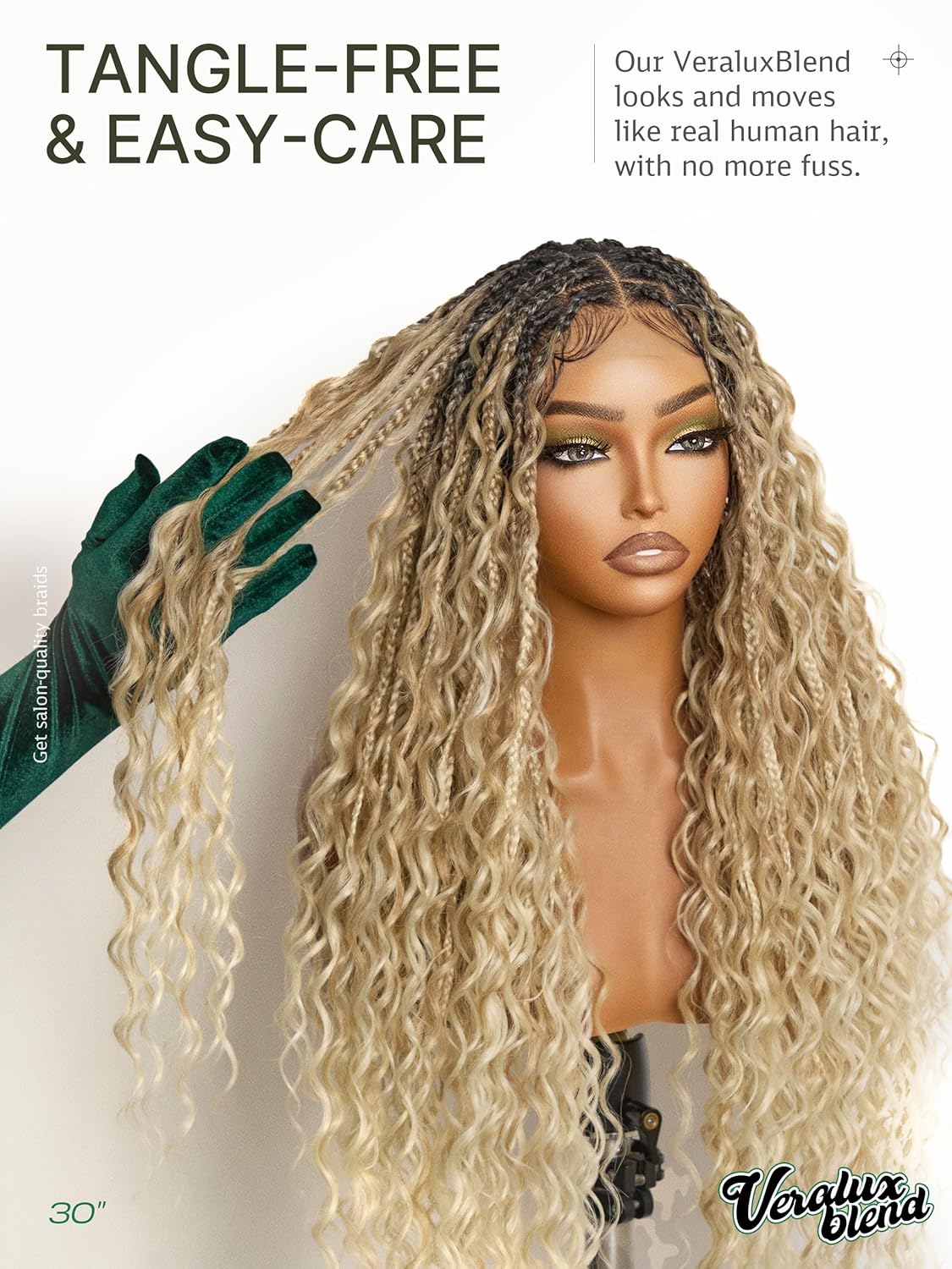 Frodio Braided Wig Veralux™ Fiber Full Lace Boho Curly Water Wave Synthetic Box Braided Wigs For Black Women Salon-Level 200% Density Bohemia Natural Scalp 30 Inches Blonde Ombre Color