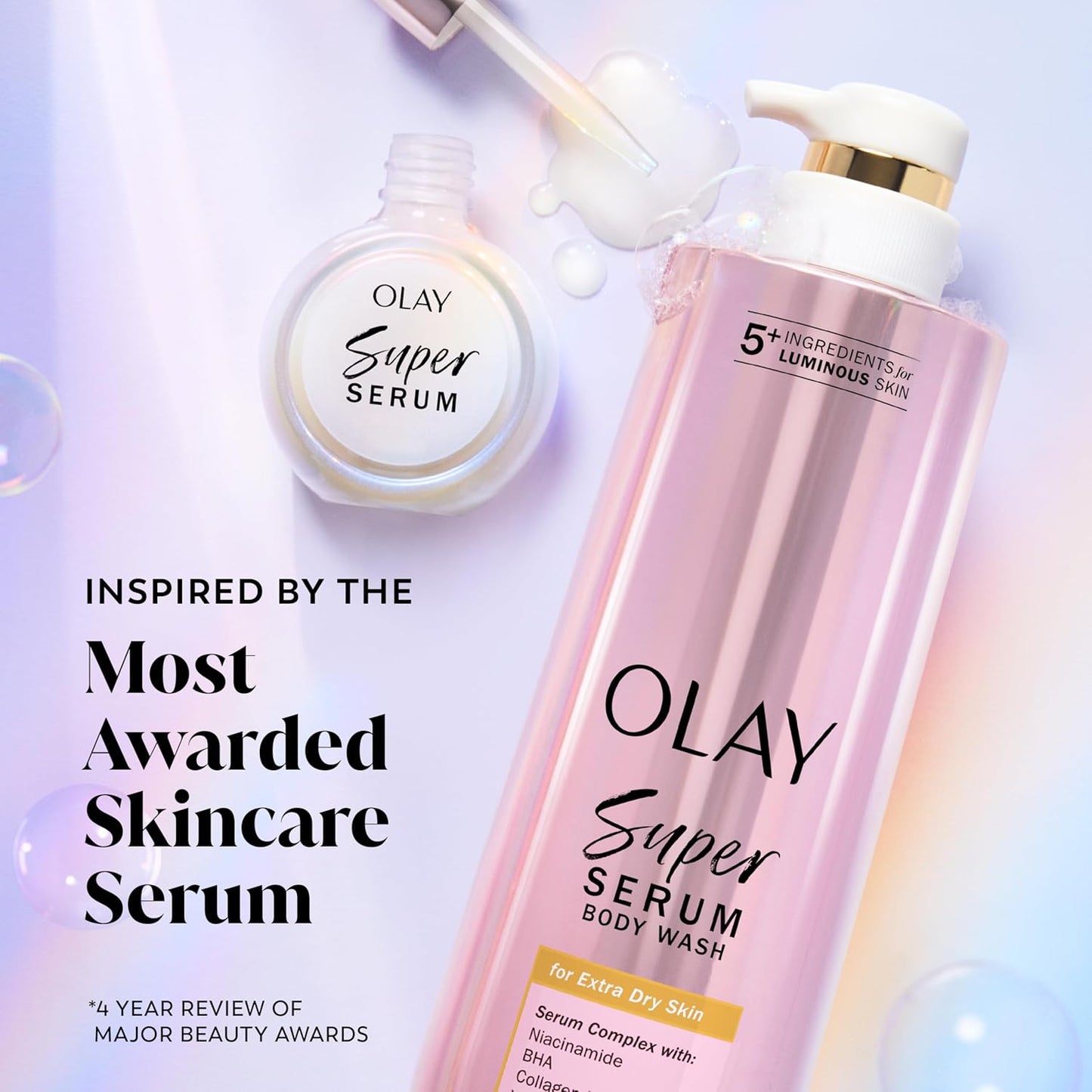 Olay Super Serum Body Wash for Extra Dry Skin, 24hr Long Lasting Hydration, 5+ Ingredient Complex for Bright Even Firm Luminous Skin, 18.5 fl oz