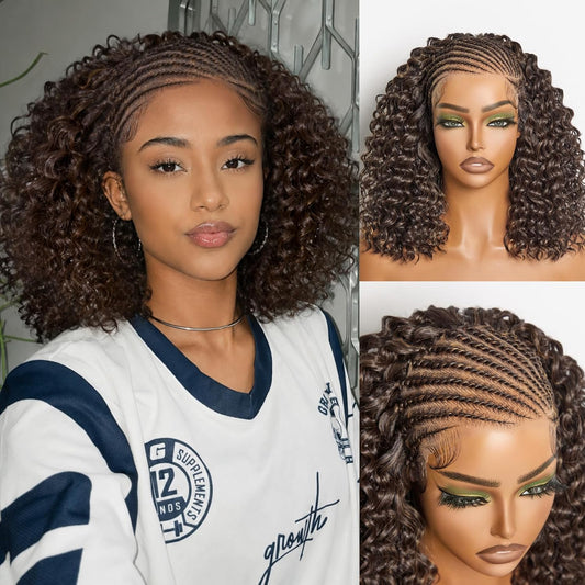 Frodio 13×6 Cornrow Braided Wig for Black Women Veralux™ Fiber 12 Inches Water Wave Lace Front Wig Pre-Cut Lace Wig Beginner Friendly Highlight Brown
