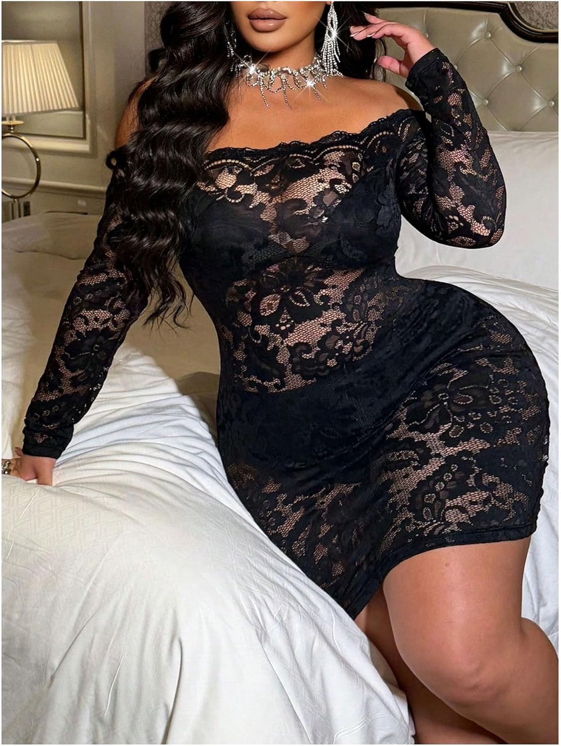 SweatyRocks Women's Plus Size Lace Off Shoulder Long Sleeve Sexy Sheer Mini Dress Bodycon Night Out Dresses