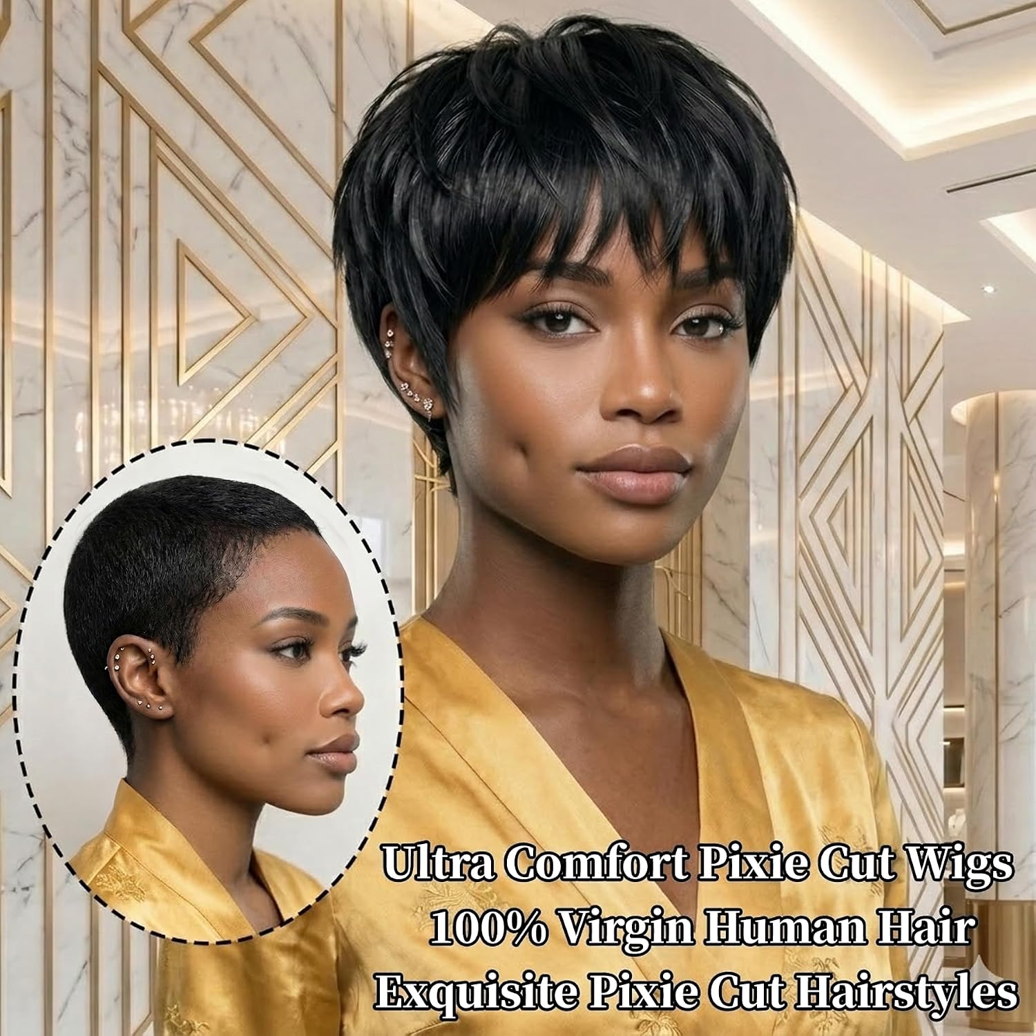 HANASCC Pixie Cut Wigs Human Hair for Black Women Glueless Short Bob Wig 100% Real Human Hair Lightweight Natural Black Straight 6 Inch