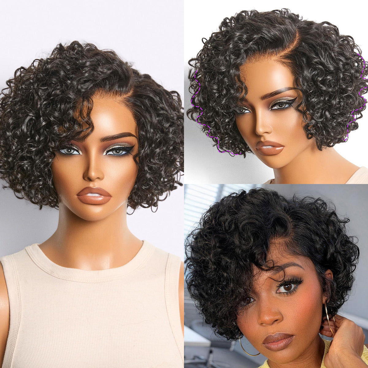 LUVME HAIR 12" Curly Bob Glueless with Blonde Highlights Wigs Human Hair | Without Spray Wigs Pre Plucked Pre Cut Undetectable HD Lace No-Glue Need Protective Wig Short Ready to Go Wig 180 Density