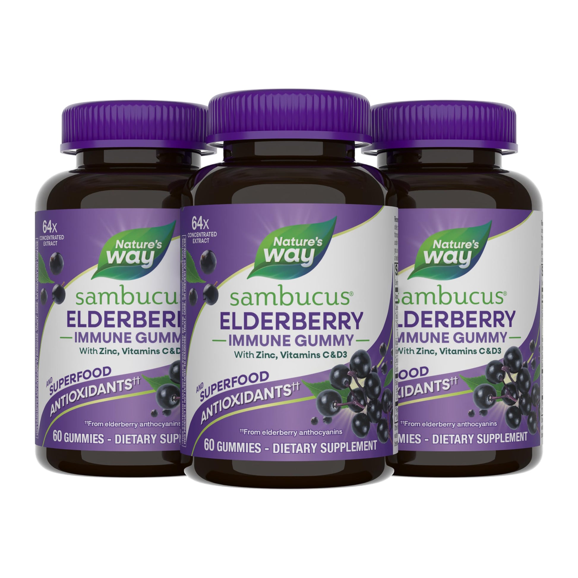 Nature's Way Sambucus Elderberry Gummies, Immune Support Gummy for Adults & Kids Ages 4+ with Black Elderberry Extract, Vitamin C, Vitamin D3, and Zinc*, 60 Gummies