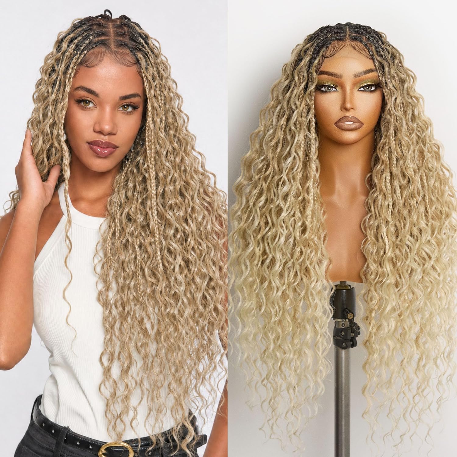 Frodio Braided Wig Veralux™ Fiber Full Lace Boho Curly Water Wave Synthetic Box Braided Wigs For Black Women Salon-Level 200% Density Bohemia Natural Scalp 30 Inches Blonde Ombre Color