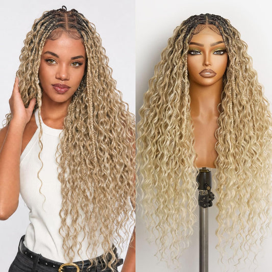 Frodio Braided Wig Veralux™ Fiber Full Lace Boho Curly Water Wave Synthetic Box Braided Wigs For Black Women Salon-Level 200% Density Bohemia Natural Scalp 30 Inches Blonde Ombre Color