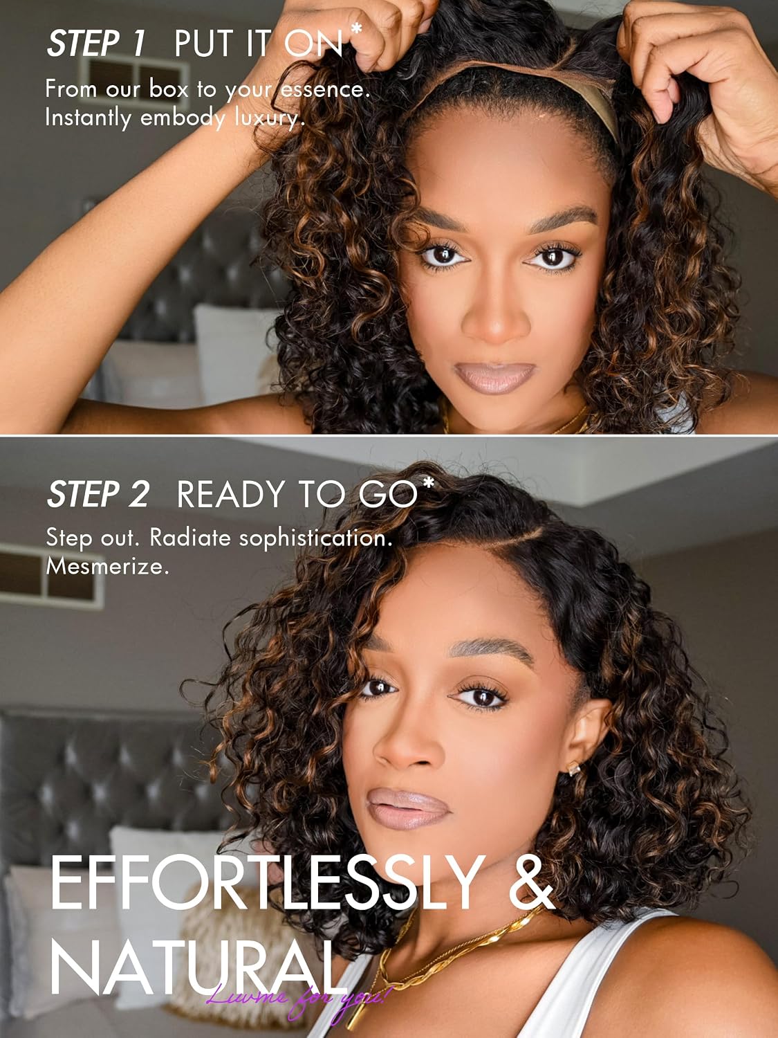 LUVME HAIR 12" Curly Bob Glueless with Blonde Highlights Wigs Human Hair | Without Spray Wigs Pre Plucked Pre Cut Undetectable HD Lace No-Glue Need Protective Wig Short Ready to Go Wig 180 Density