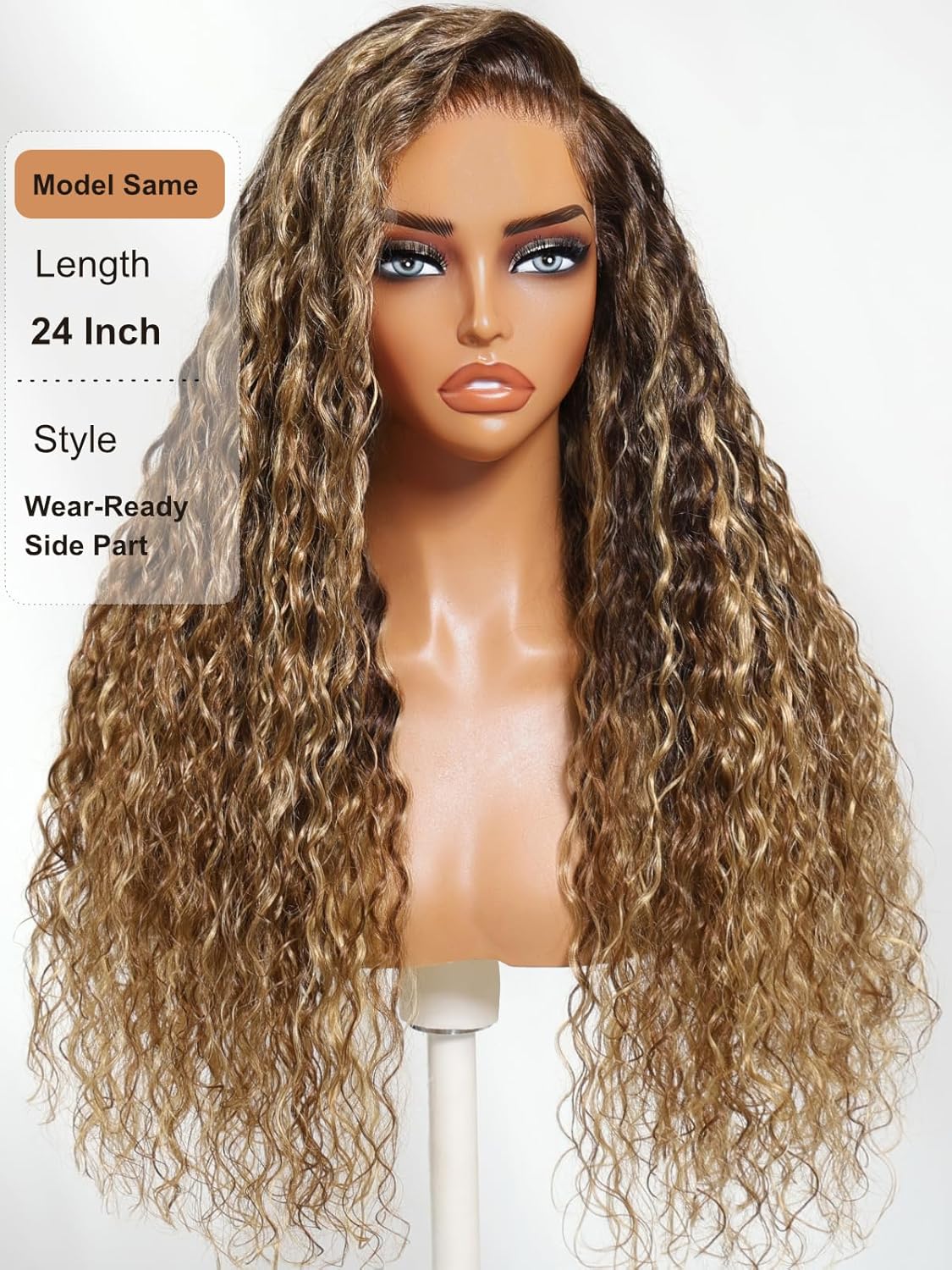 UNICE Water Wave 13x4 Lace Front Human Hair Wig Caramel Brown with Honey Blonde Highlight Glueless Drawstring Wig Pre Plucked Pre Cut Bleached Knots 150% Density 22 inch