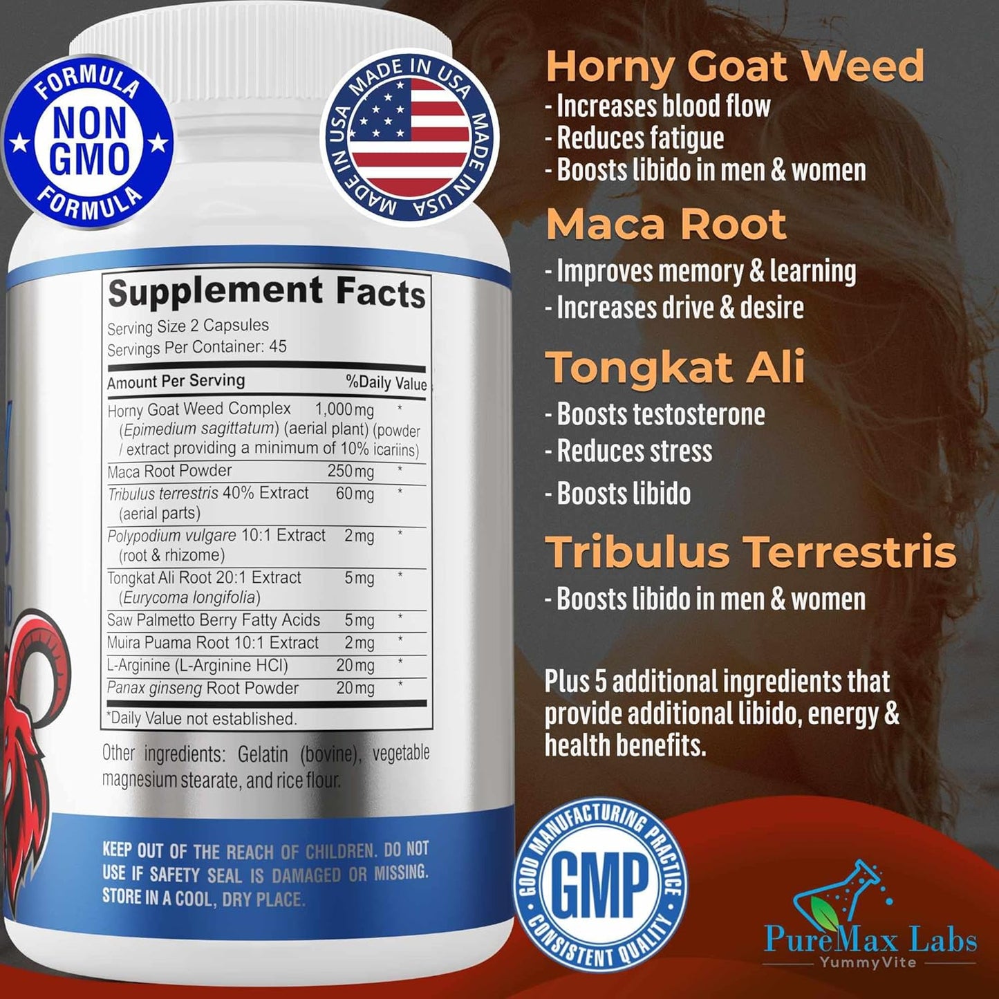 Horny Goat Weed 1364mg Extra Strength w. Maca, L-Arginine, Ginseng, Boost Performance, Stamina, Energy, Non-GMO Formula, 90 Capsules