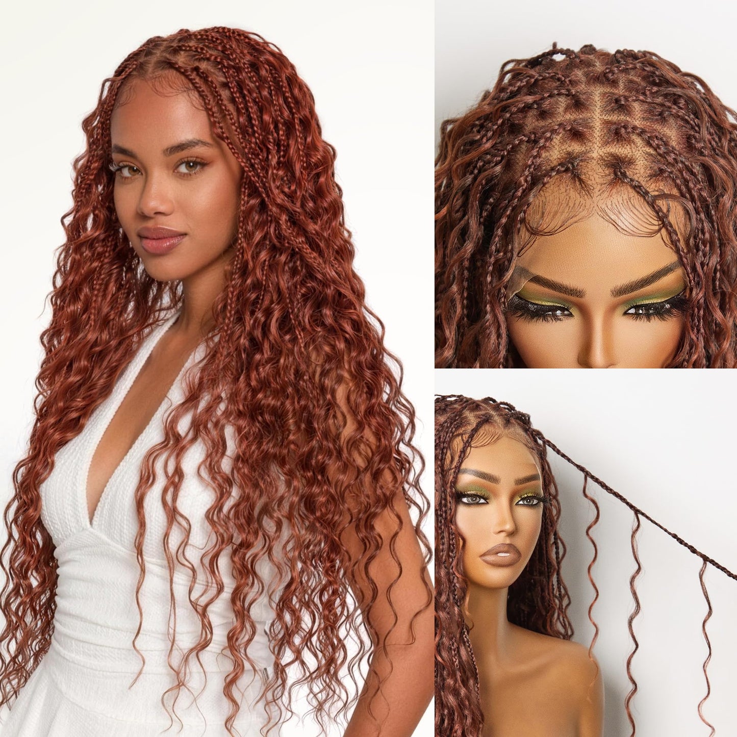 Frodio Braided Wig Veralux™ Fiber Full Lace Boho Curly Water Wave Synthetic Box Braided Wigs For Black Women Salon-Level 200% Density Bohemia Natural Scalp 30 Inches Blonde Ombre Color