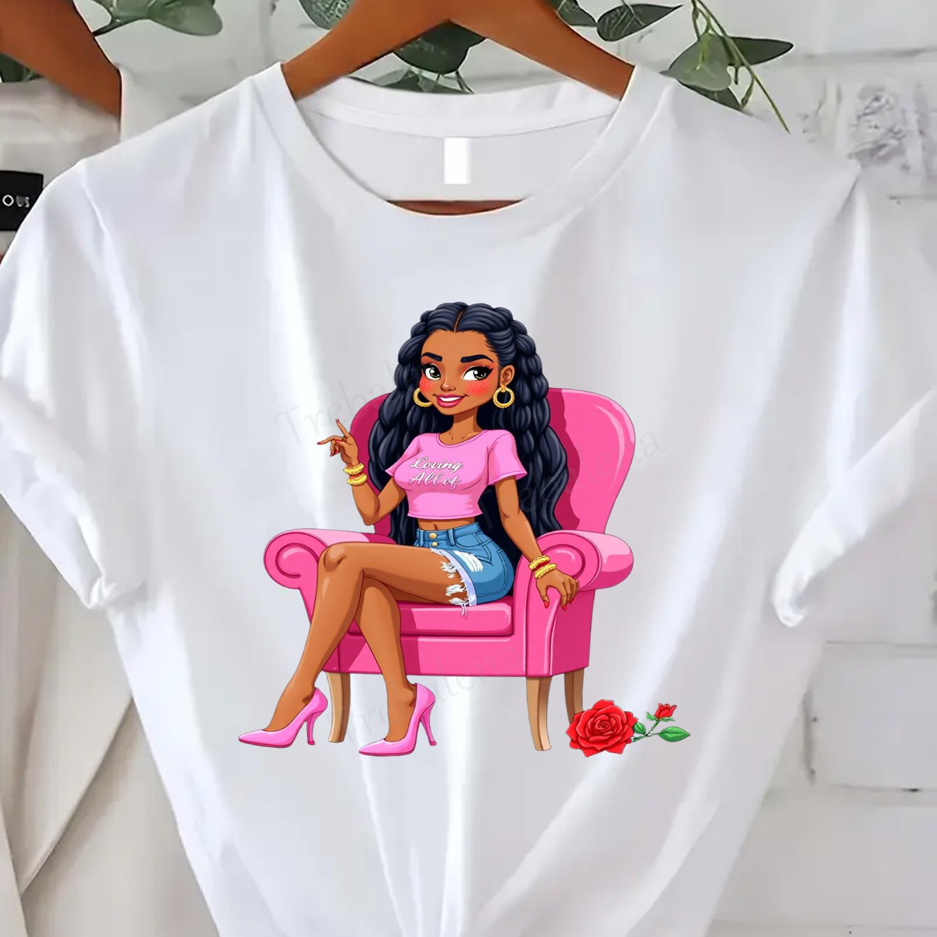 Plus Size, Trebalena Women's Plus Size Graphic T-Shirt - Sexy Curvy Lady in Pink Chair with Roses, Soft Breathable 100% Cotton Casual Everyday & Party Outfit - Perfect Halloween, Christmas, Birthday Gifts for Women - Non-See